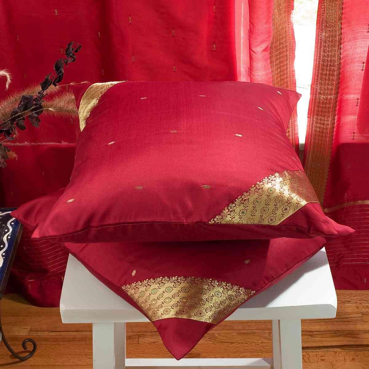 Luxurious Maroon Handmade Sari Cushion Covers Set of 2 - Boho Decor Indian Sari Throw Pillow Covers with Zipper (16