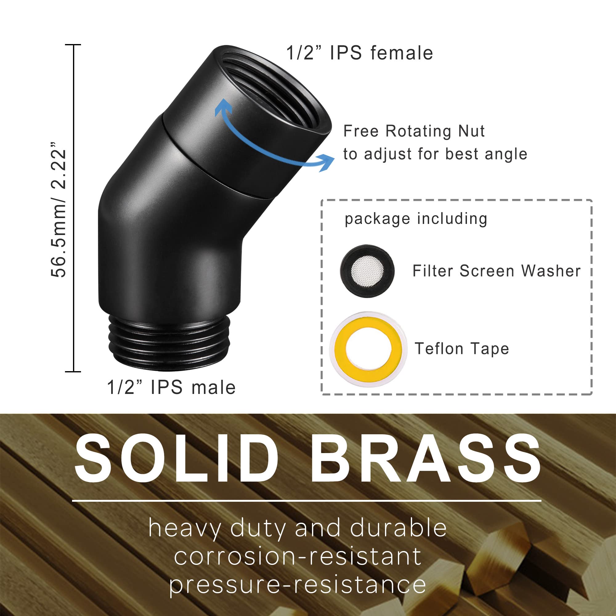 45 Degree Solid Brass Shower Elbow Adapter - G1/2 Female to Male Matte Black Shower Head Connector for Handheld & Fixed Showers - Perfect for Bathroom Renovation & Space-Saving Installations