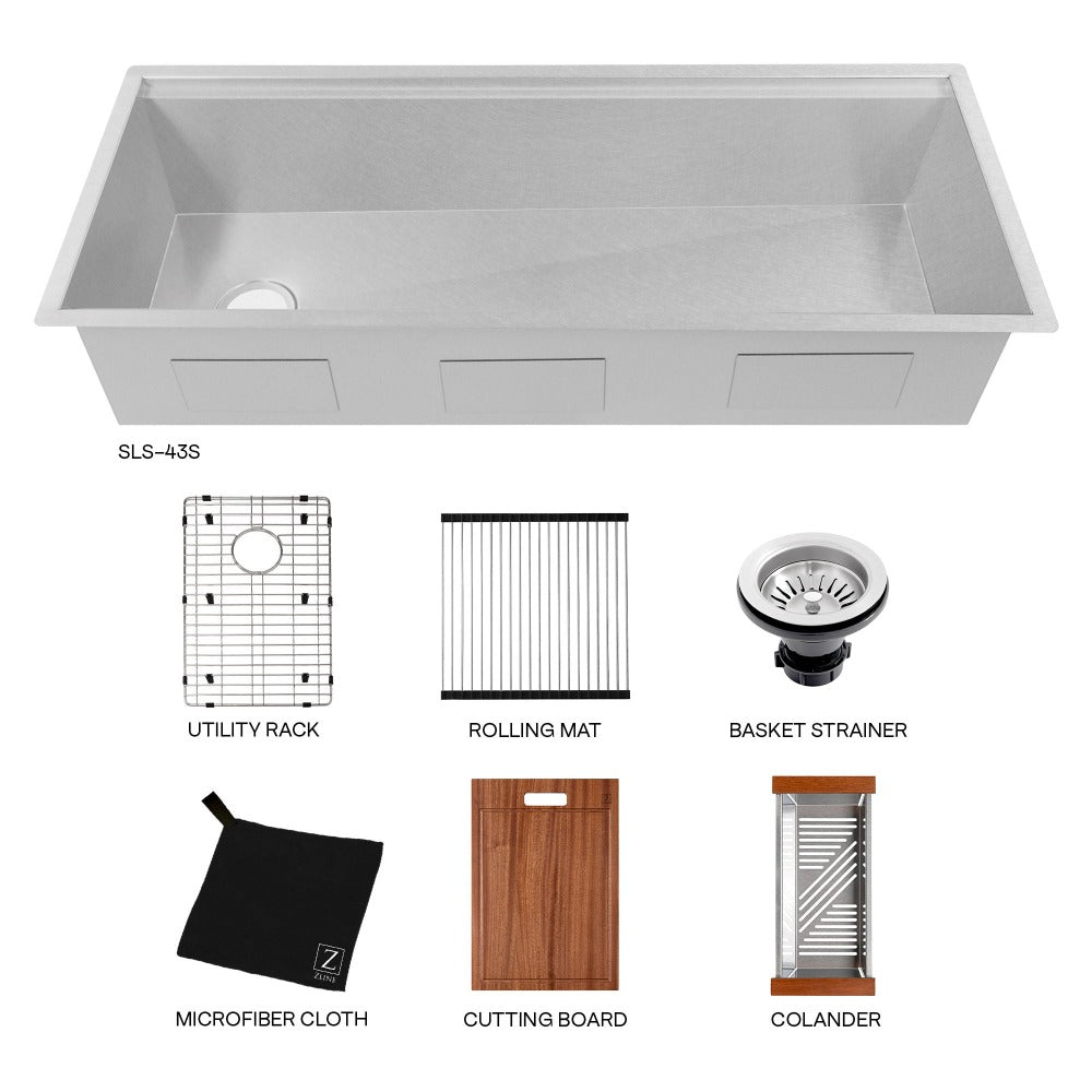 ZLINE 43-Inch Undermount Single Bowl Kitchen Sink - Satin Stainless Steel with Bottom Grid & Accessories (Model SLS 43S) | Perfect for Modern Kitchens, Remodeling & Chef-Inspired Cooking Spaces