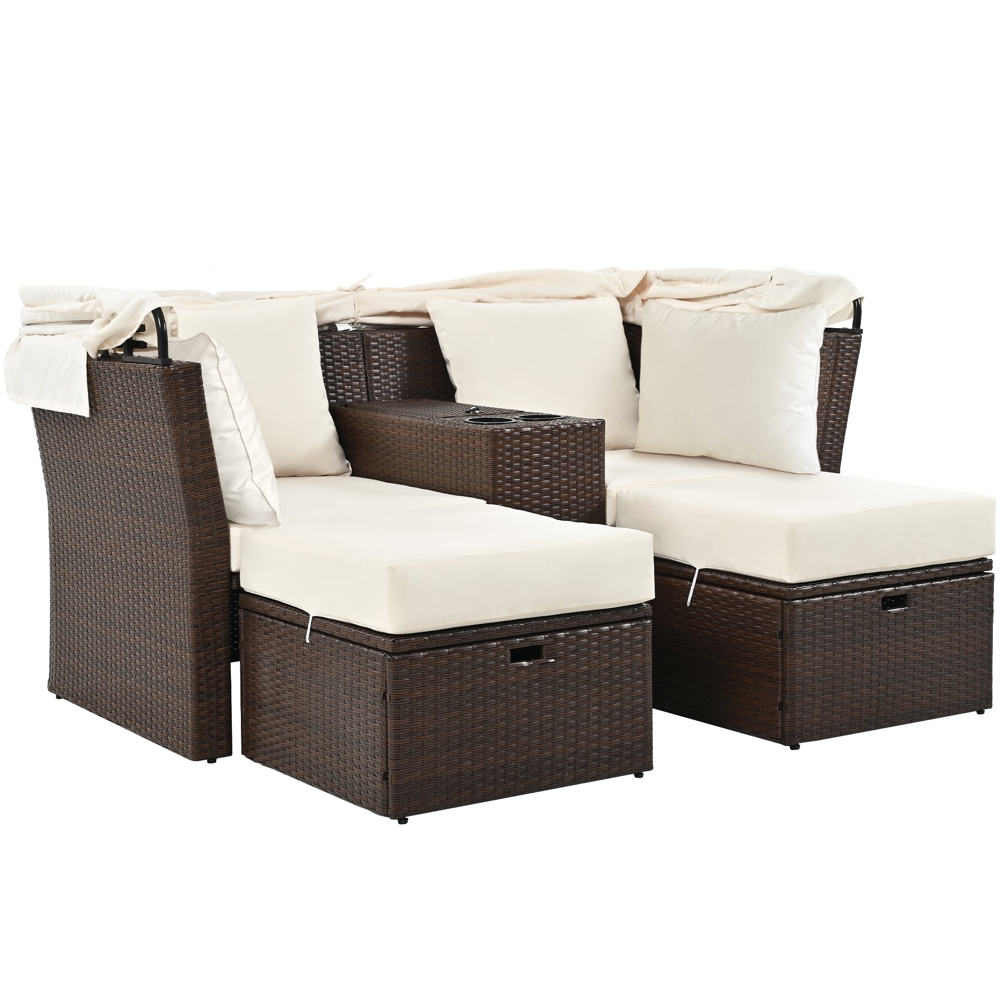 2 Seater Outdoor Patio Daybed with Foldable Awning & Cushions - Double Loveseat Sofa Set for Garden, Balcony, Poolside - Perfect for Relaxing, Sunbathing & Outdoor Lounging (Beige)