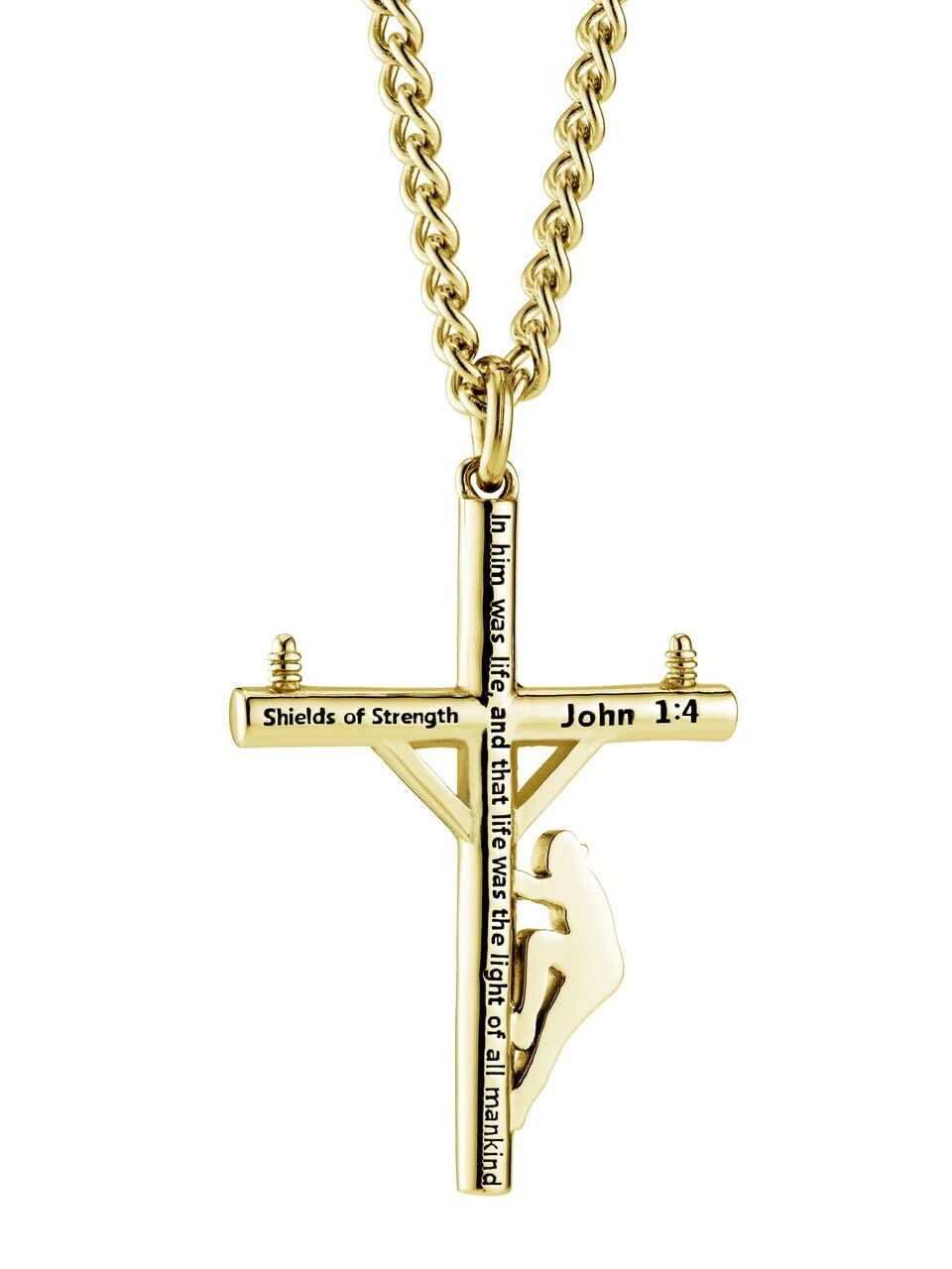 Shields of Strength 14K Gold Plated Stainless Steel Lineman Cross Pendant Necklace for Men - John 1:4 Bible Verse Christian Jewelry - Perfect Faith Gift for Daily Wear, Church, Prayer & Special Occasions