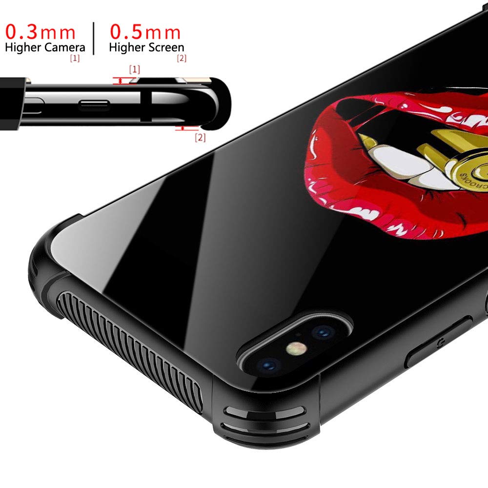 Shockproof iPhone Xs Max Case with Tempered Glass Back & Soft Silicone TPU - Red Lip Bite Bullet Design | Slim Protective Cover for iPhone Xs Max (2018) | Perfect for Daily Use, Travel & Outdoor Activities