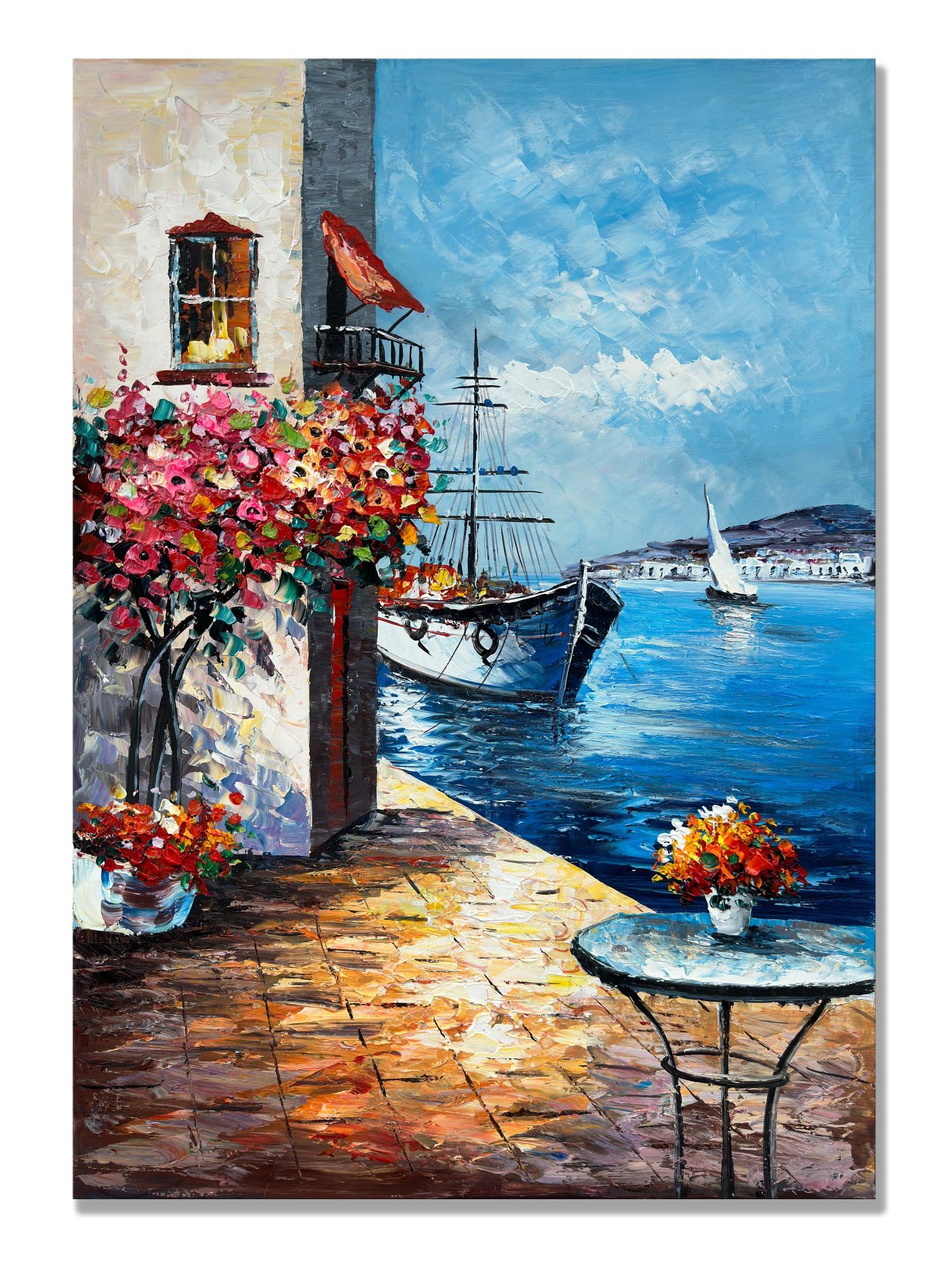 Alenoss Handmade Mediterranean Landscape Painting - 28x40 Inches Large 3D Wall Art for Living Room, Bedroom & Office Decor - Framed Abstract Canvas Art with Contemporary Texture - Perfect for Modern Home & Office Wall Decorations