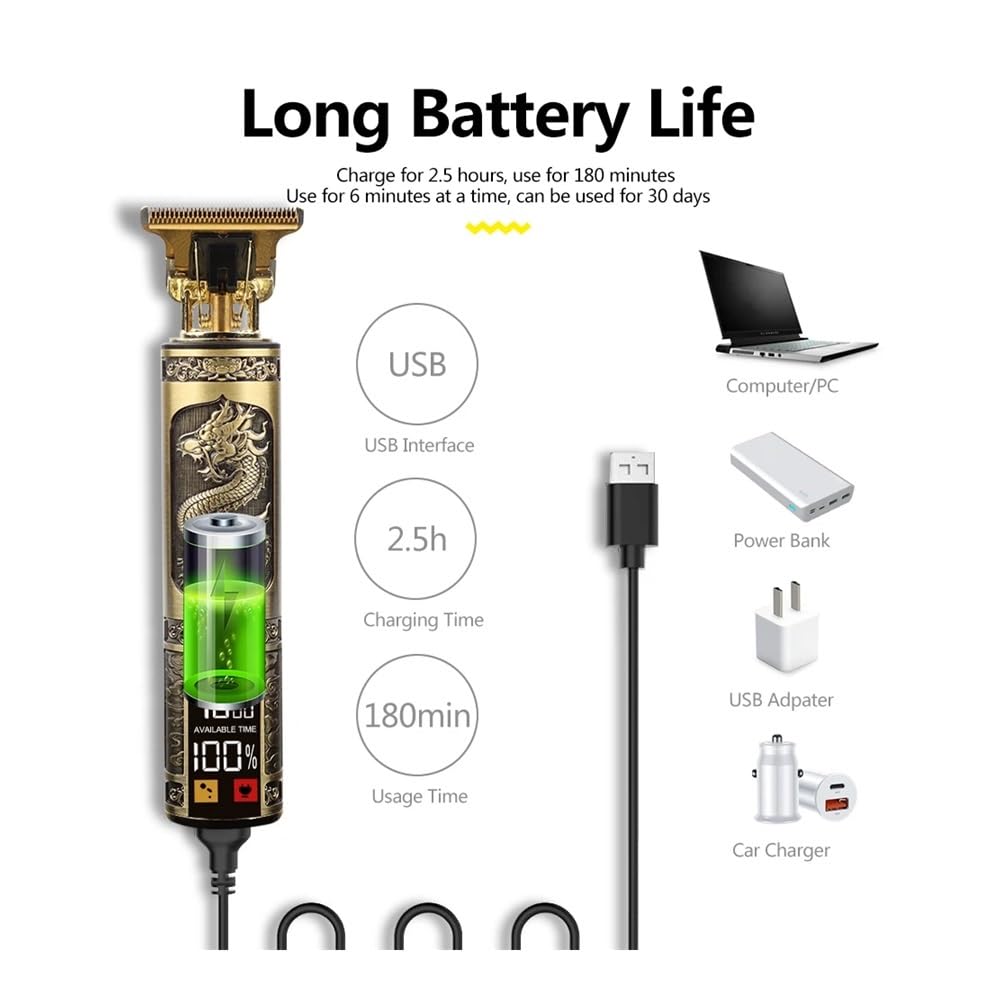 Professional USB Rechargeable Electric Hair Clipper Trimmer with LCD Display - Gold Light & Oil Head for Precision Haircut & Beard Trimming | Perfect for Home Barbering, Salon Use & Travel Grooming Kit