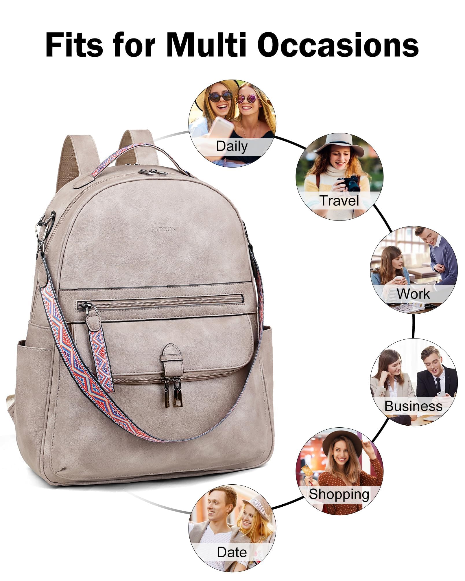 FADEON 15.6 Inch Women's Leather Laptop Backpack - Stylish PU Travel Backpack with Dedicated Laptop Compartment for Work & Business - Perfect for Office, College & Commuting (Grey)