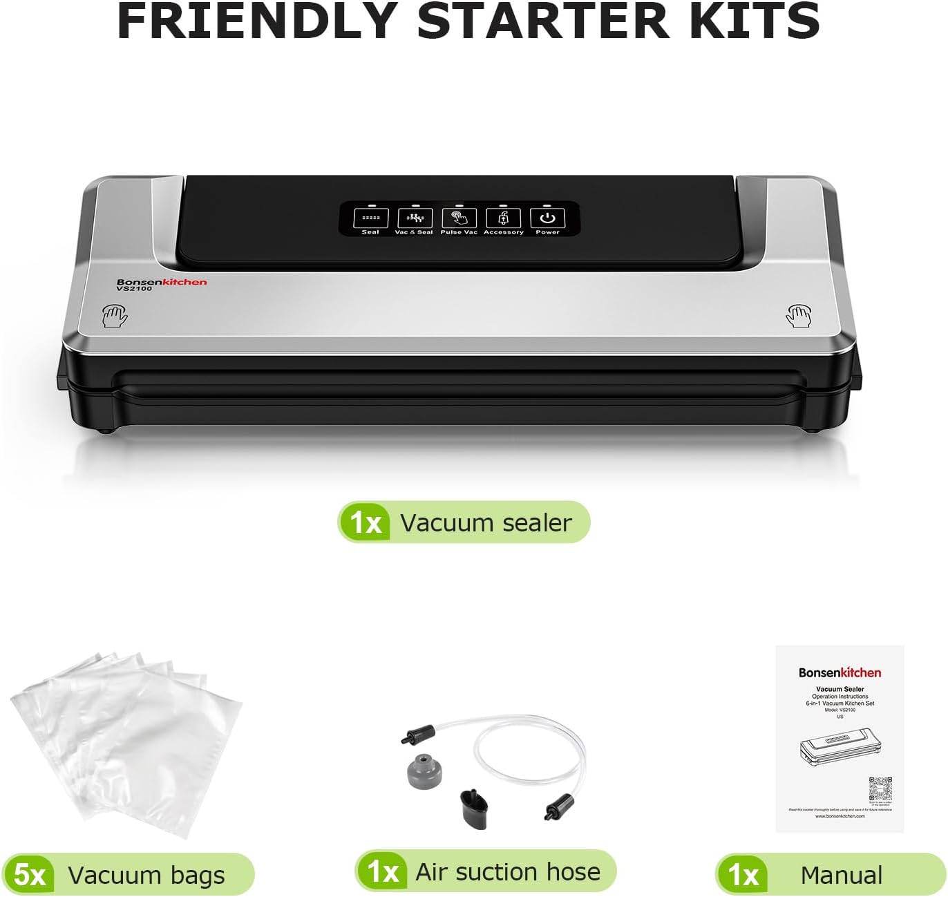 Bonsenkitchen Compact Vacuum Sealer Machine for Food Preservation - High Speed Continuous Sealing with 20 Bags, 2 Rolls & Hose - Perfect for Meal Prep, Sous Vide & Freezer Storage - Silver