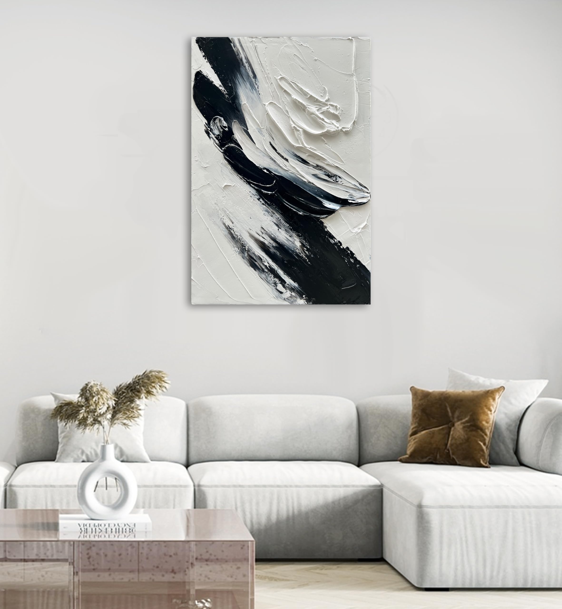 Hand-Painted Black and White Abstract Oil Painting - 40x28 Inches Thick Texture Minimalist Wall Art for Modern Home & Office Decor | Perfect for Living Room, Bedroom or Gallery Display