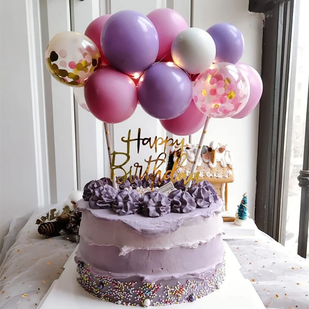 14PCS Purple Balloons Cake Toppers Set with Happy Birthday Cards & Confetti - Party Balloon Decorations for Birthday Cakes, Baby Showers & Wedding Celebrations