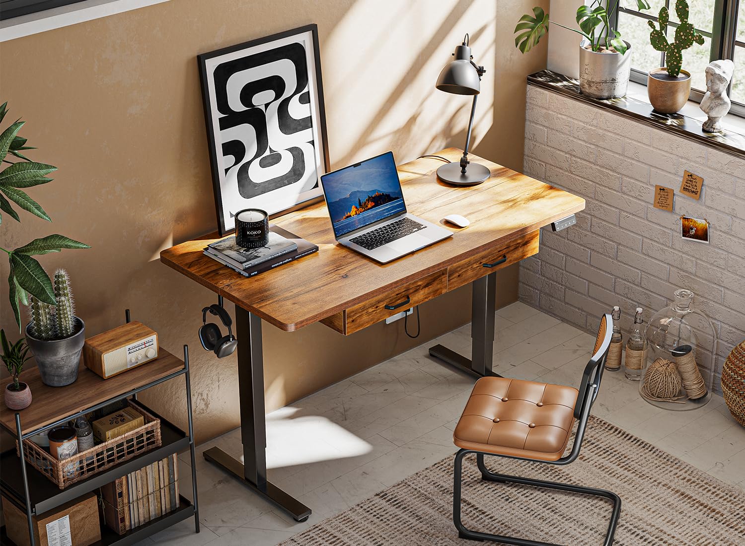 FEZIBO 55x24 Inches Adjustable Height Electric Standing Desk with Double Drawers - Black Frame & Fir Brown Splice Tabletop | Ergonomic Home Office Desk for Work, Study & Gaming