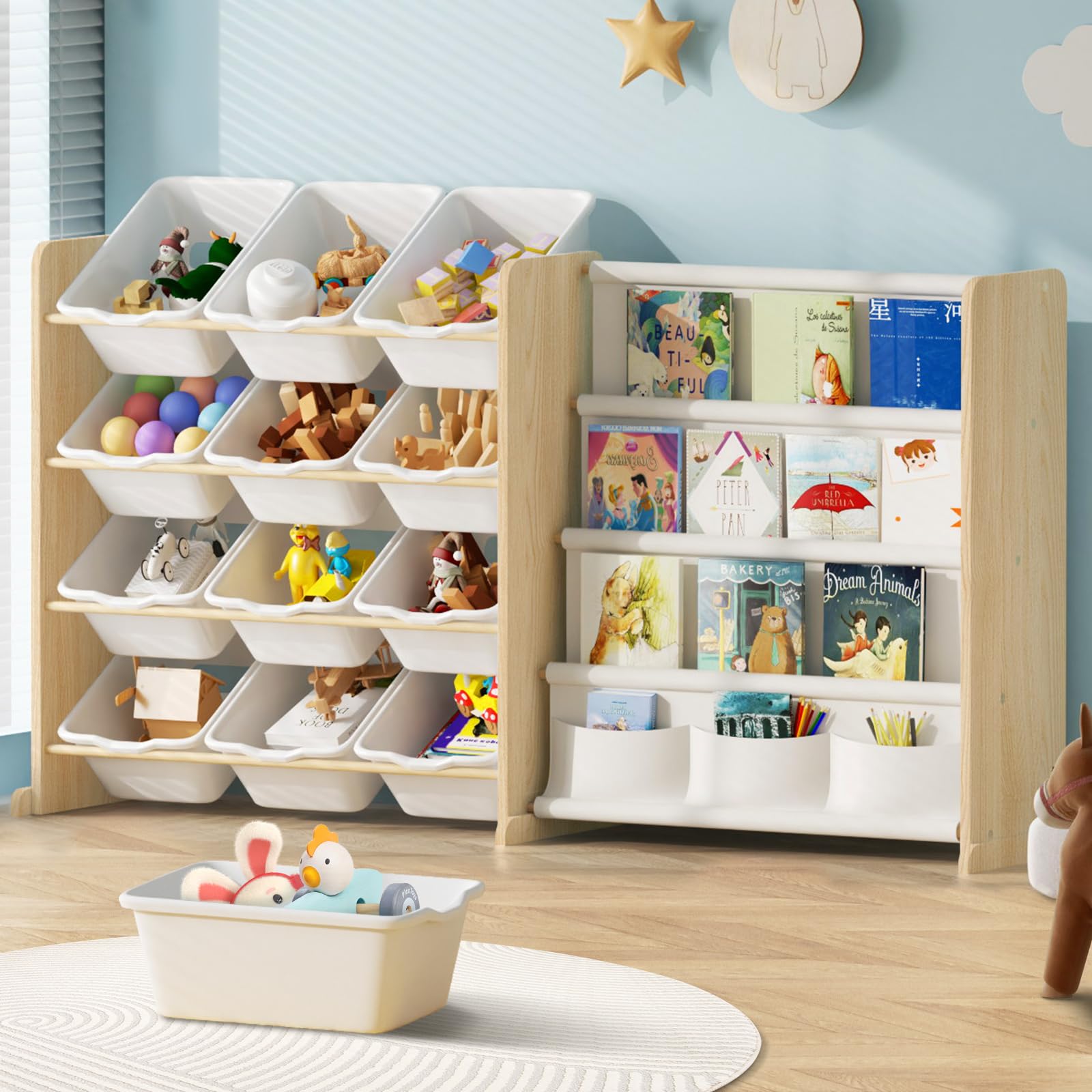 Kids Toy Storage Organizer with Bookshelf - 12 Bin & 4 Shelf Playroom Organizer for Nursery, Kids Room | Durable Toy Storage Solution for Playrooms, Bedrooms & Daycares (Burlywood)