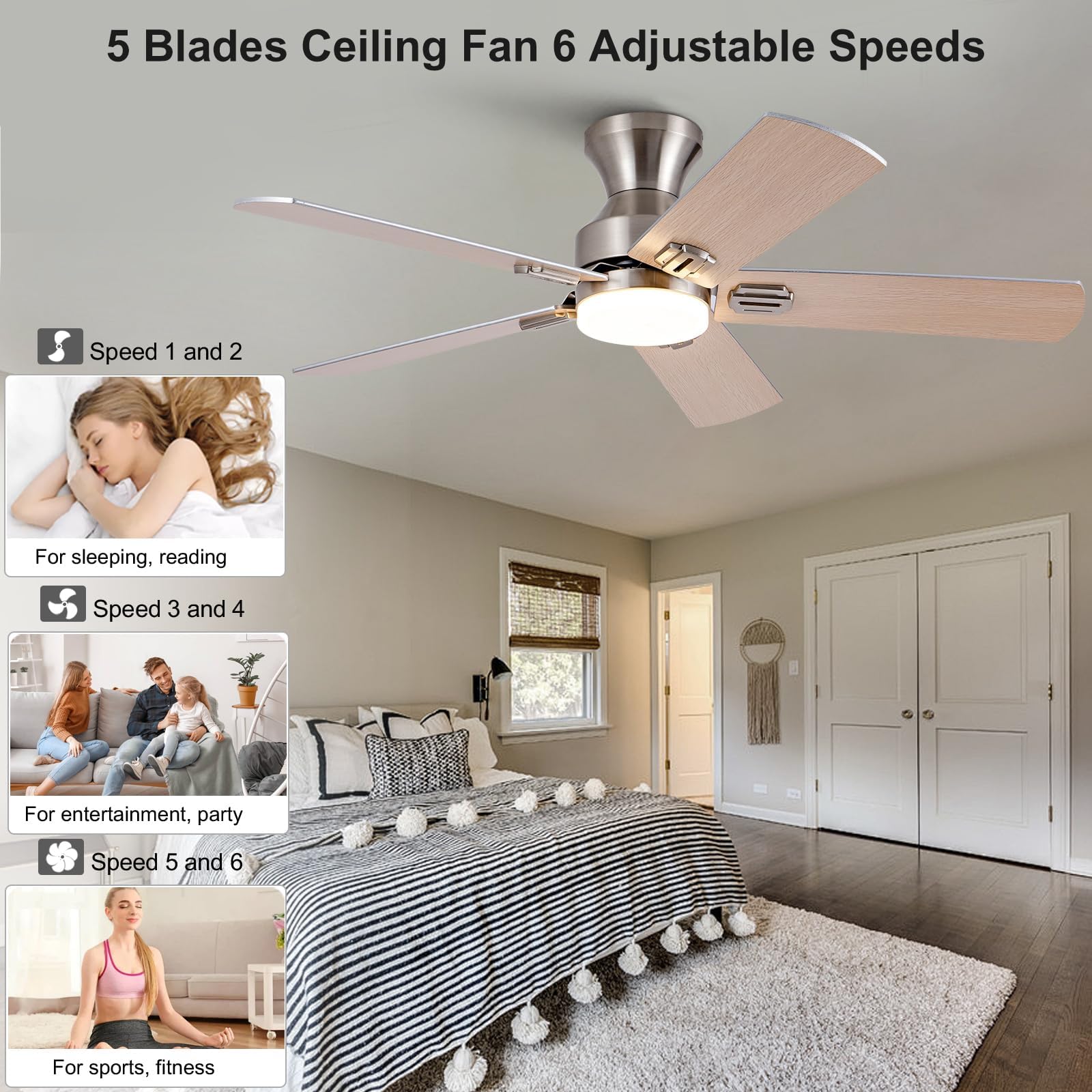 48 Inch Brushed Nickel Ceiling Fan with Light and Remote Control - Low Profile Flush Mount Modern Design, 5 Blades, Dimmable LED Light, 6-Speed DC Motor - Perfect for Bedroom, Living Room, Patio, and Indoor/Outdoor Use