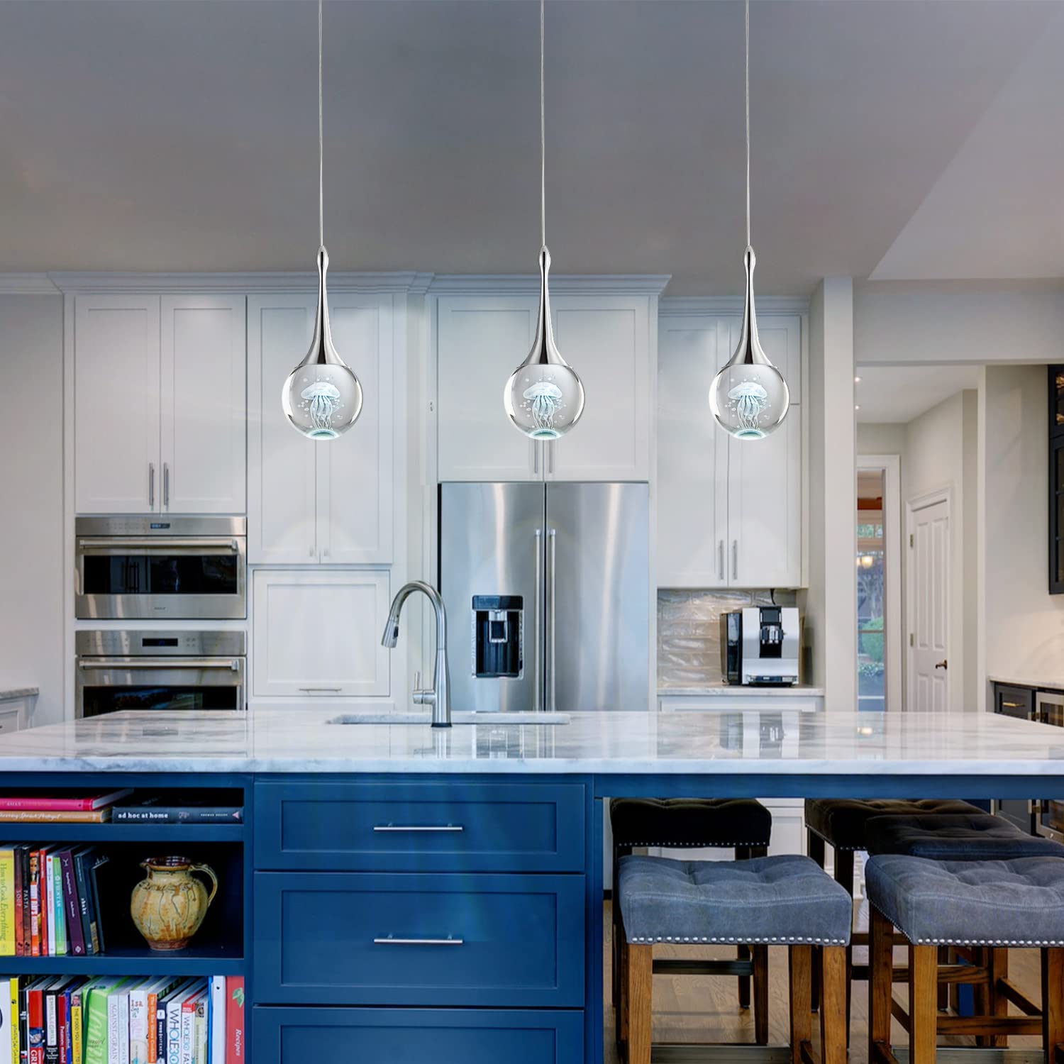 CHYING Mini LED Teardrop Crystal Pendant Light - 6000K Cool White Chrome Ceiling Hanging Light for Kitchen Island, Bathroom, Dining Room & Bar | Modern Globe Jellyfish Lighting for Home & Office Decor