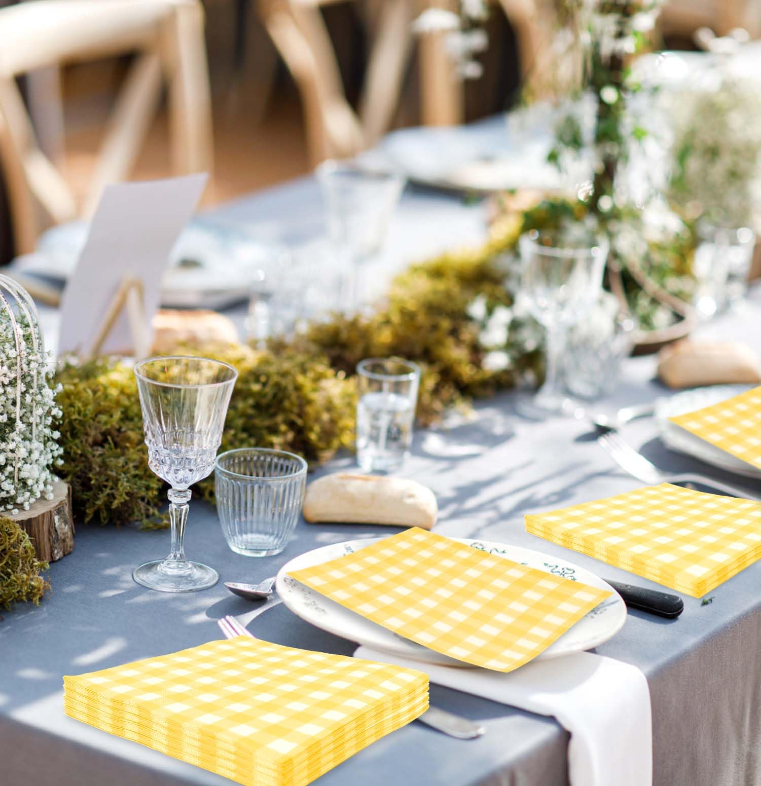 50-Pack SietDESEO 3-Ply Yellow Gingham Disposable Paper Napkins - Elegant Cocktail & Beverage Napkins for Weddings, Birthday Parties, Dinner Events & Guest Hand Towels - Perfect for Formal Dining & Special Occasions