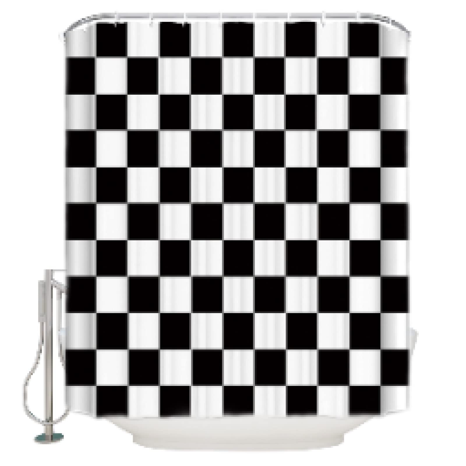 Black and White Checkered Shower Curtain - Waterproof Plaid Bathroom Decor with 12 Hooks, Polyester Fabric (47x75 inches) - Perfect for Vintage Style Bathrooms and Farmhouse Decor