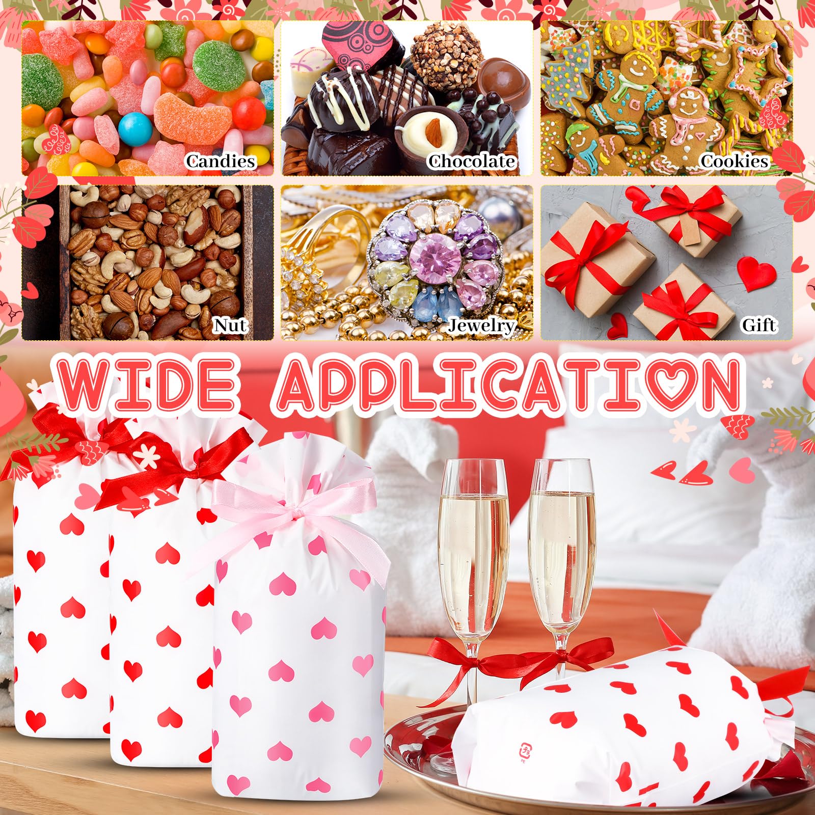 Valentine's Day Gift Bags 6x9 Inch - Heart Print Party Favors for Weddings & Events