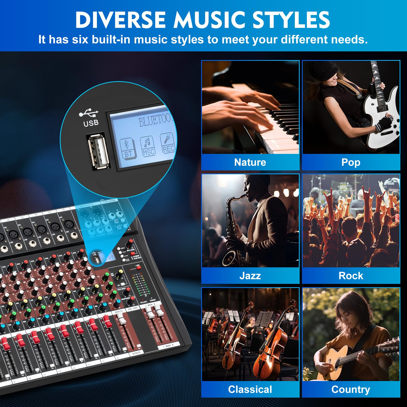 16 Channel Professional Audio Mixer with Bluetooth & USB - DJ Sound Mixing Console for Live Stage, Studio & Home Use - Perfect for Beginners & Professionals