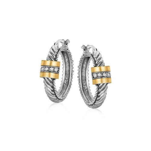18K Yellow Gold & Sterling Silver Diamond Italian Cable Hoop Earrings for Women - Elegant Dangle Earrings for Parties, Weddings & Everyday Wear