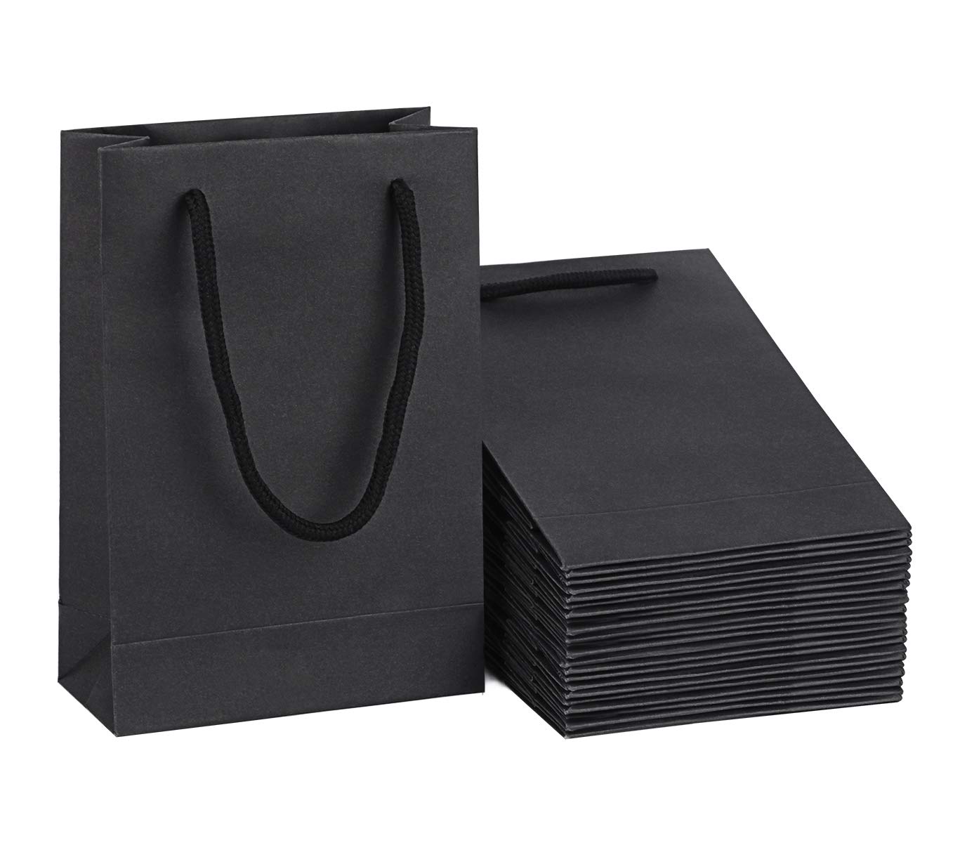 50 Pack Black Paper Gift Bags with Cotton Handle - 5x2x7.5 Inches Party Favor Bags for Birthdays, Weddings & Baby Showers - Elegant Driew Gift Packaging for Small Gifts & Treats