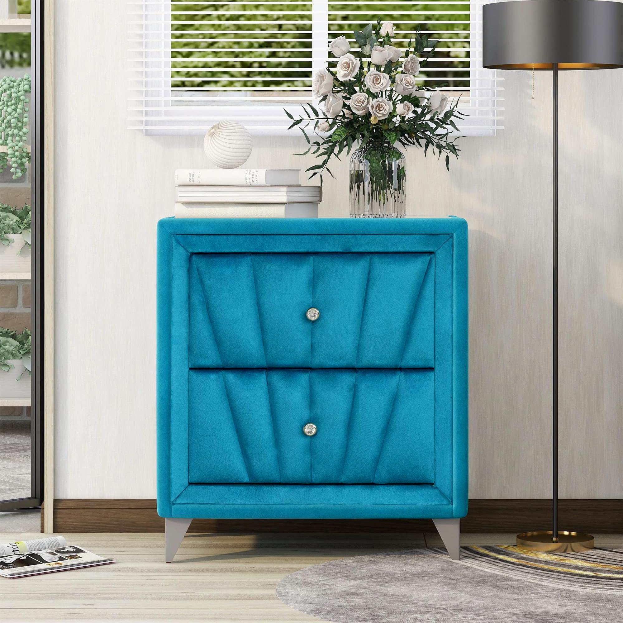 Luxury Upholstered Wooden Nightstand with 2 Drawers - Velvet Fabric & Glass Top End Table for Bedroom, Living Room, Hallway - Blue & Glass Design | Perfect for Bedside Storage, Home Decor & Small Space Organization