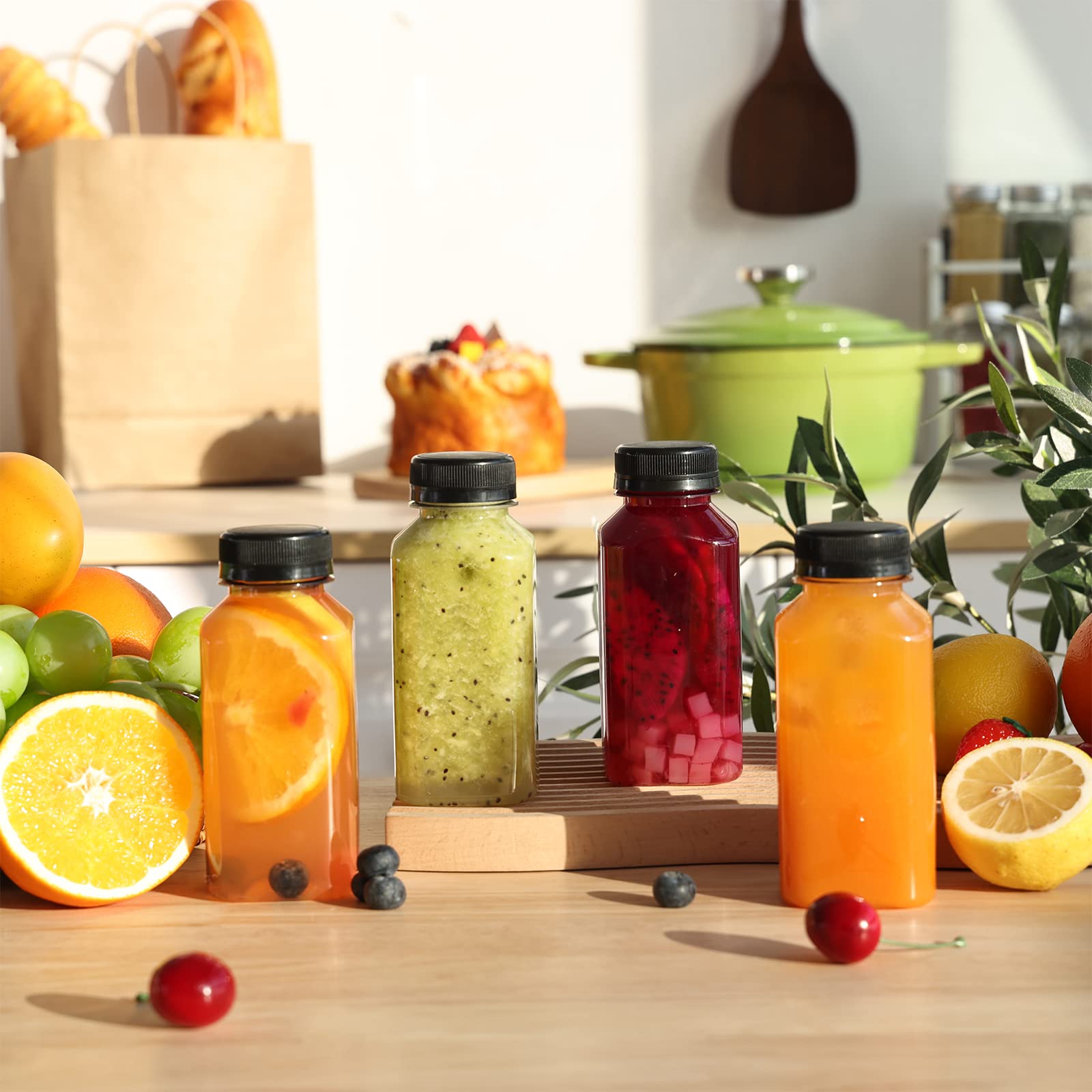Moretoes 50-Pack 8oz Plastic Juice Bottles with Lids - Clear Reusable Beverage Containers for Juicing, Smoothies, Milkshakes, Tea & Drinks - Perfect for Home, Cafes, Juice Bars & Meal Prep
