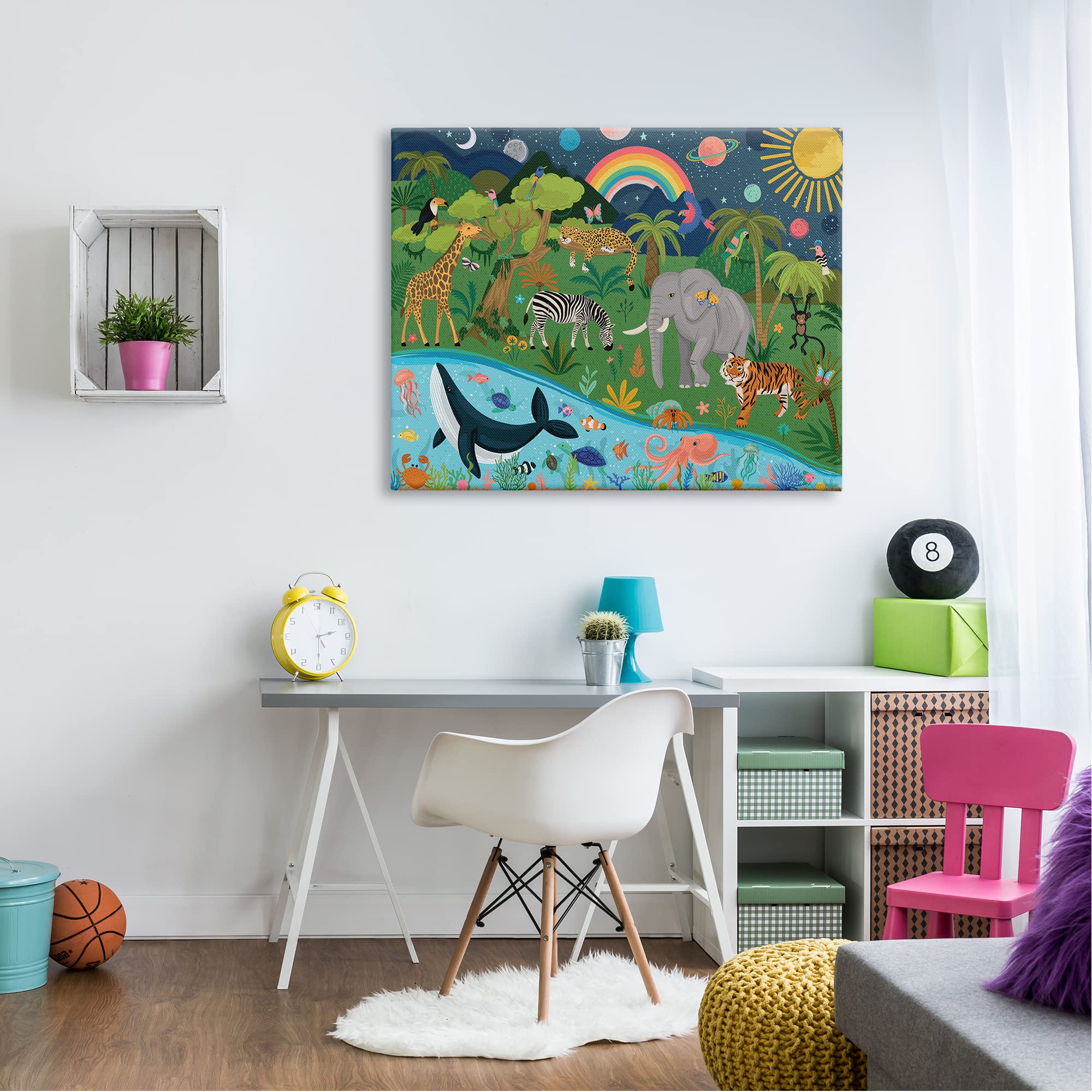 Stupell Industries Jungle Animals & Sea Creatures Wall Art Under Night Sky with Planets - Designed by Lisa Perry - White Framed Canvas Print for Kids Room, Nursery, or Playroom Decor