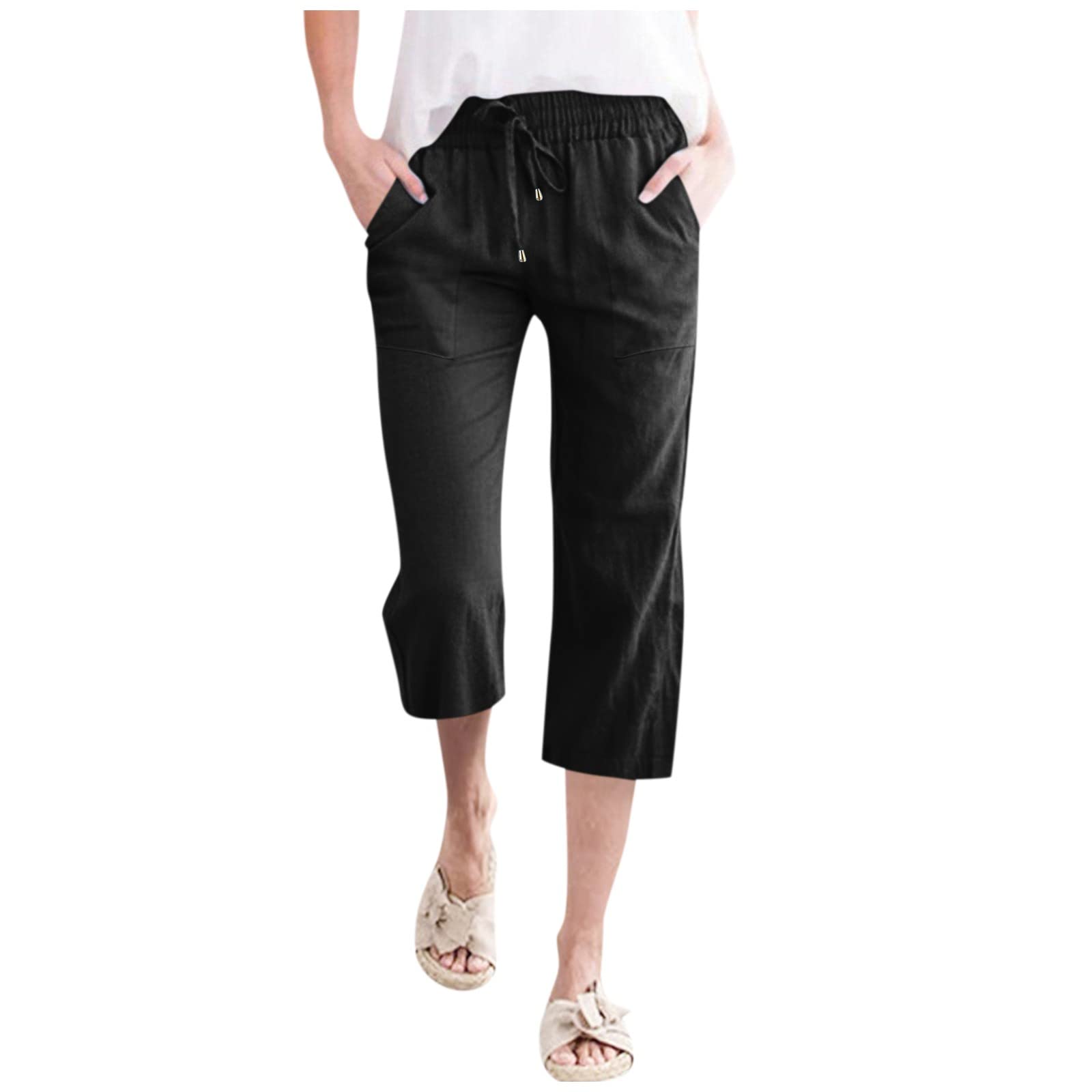 Women's Linen Pants - High Waist Drawstring Elastic Capri Pants for Summer | Straight Leg Solid Color with Pockets | Casual Wear, Beach Vacation & Yoga Outfit