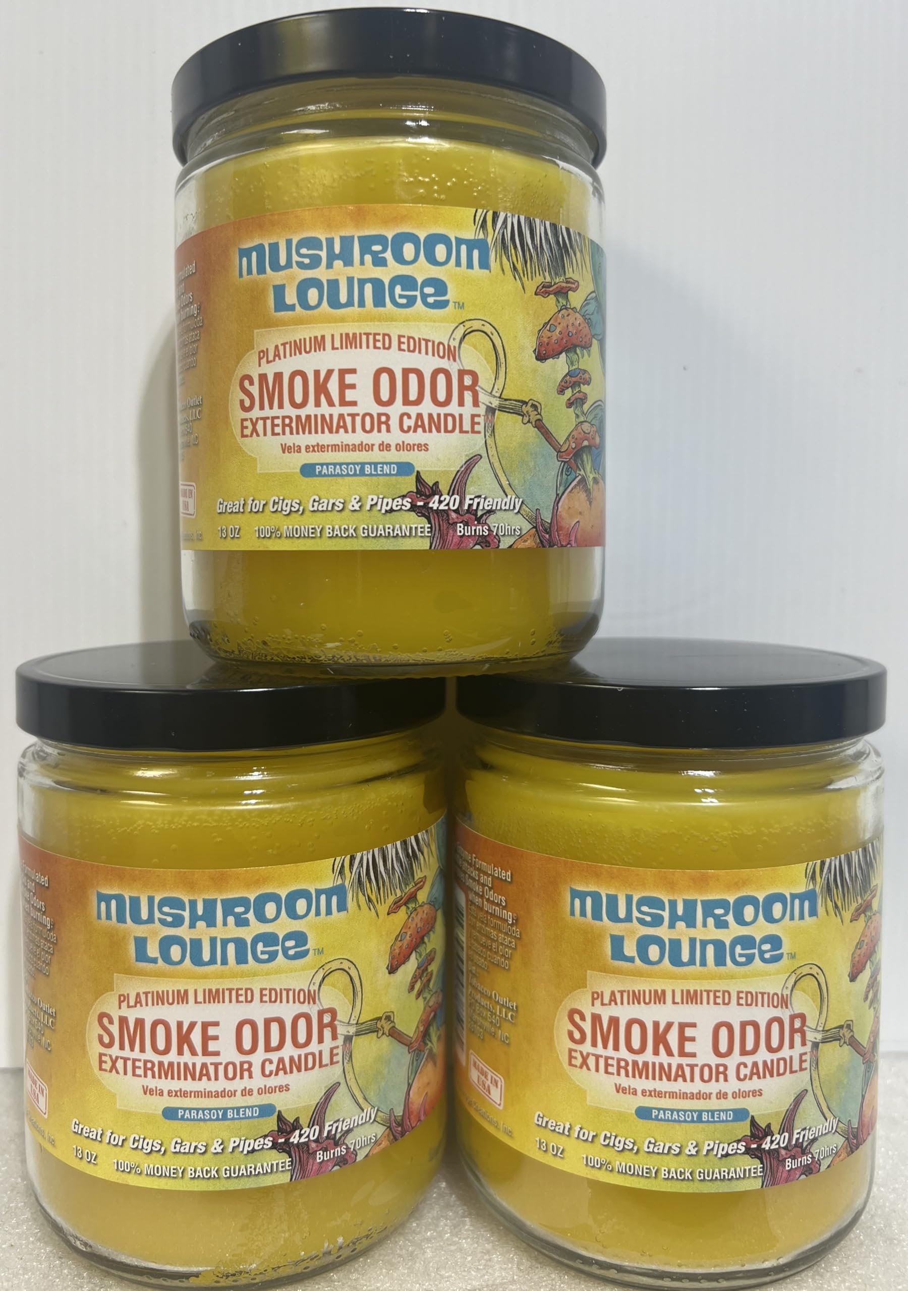 Smoke Odor Eliminator Candle - 13oz Mushroom Lounge Scented Jar Candle (Set of 3) for Home, Office & Car Air Freshening | Neutralizes Smoke Smells & Creates Relaxing Atmosphere