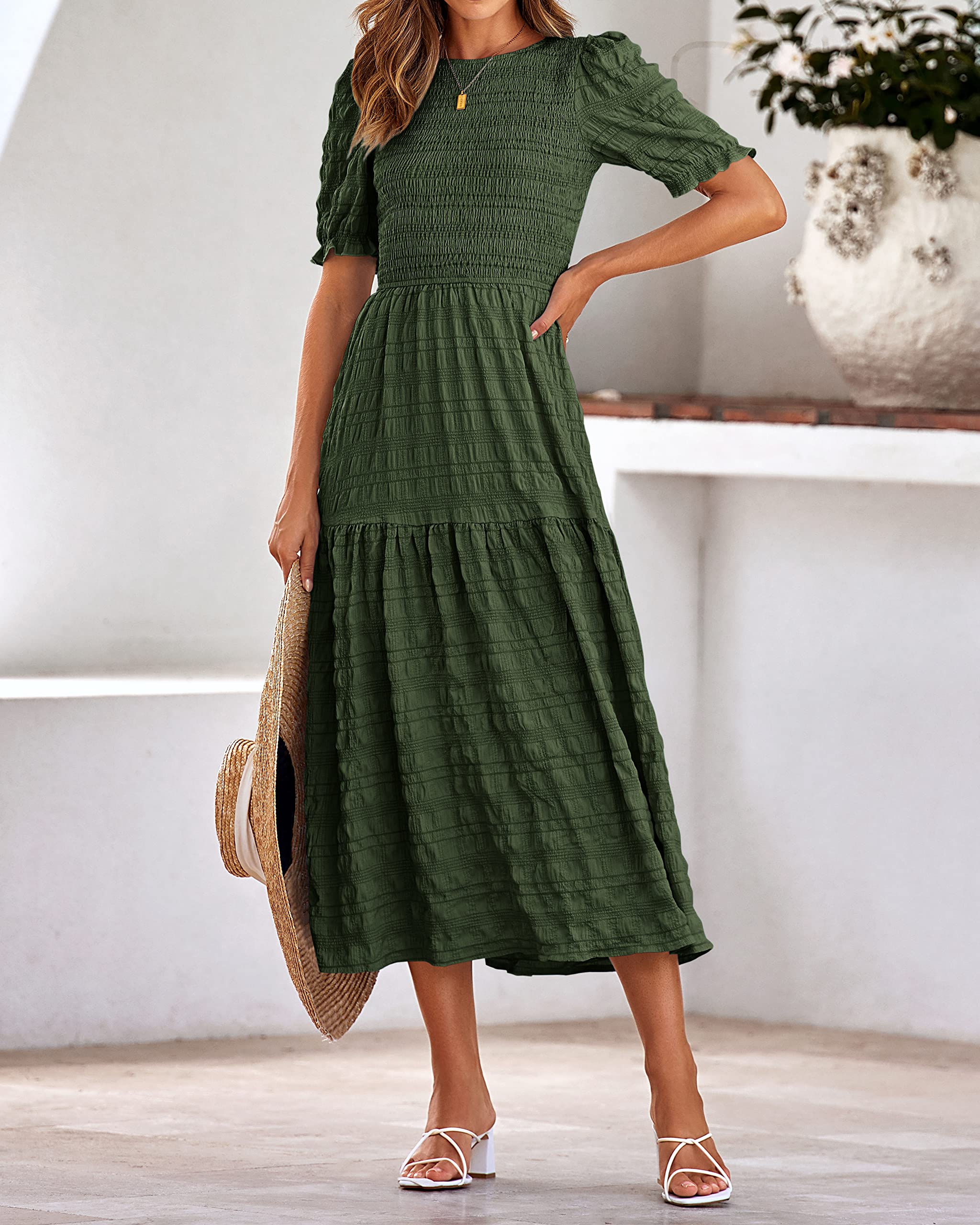 Dowerme Women's Summer Maxi Dress 2025 - Casual Short Sleeve Crewneck Smocked Boho Sundress with Puff Sleeves & Ruffle Hem | Perfect for Beach, Party, Vacation & Outdoor Events
