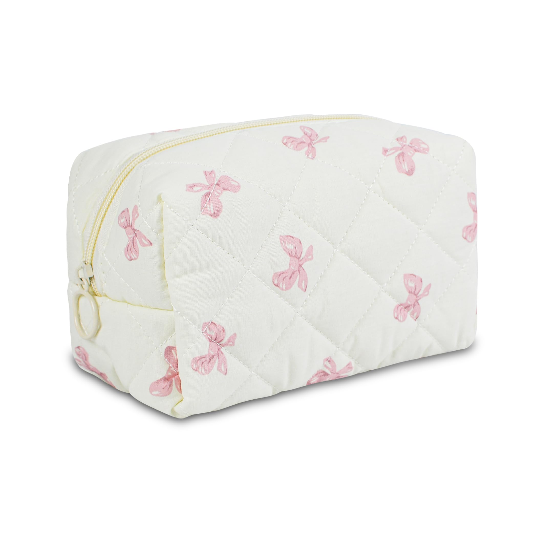 Quilted Makeup Pouch for Women - Cotton Puffy Cosmetic Bag with Cute Flower Design, Aesthetic Organizer for Travel Toiletry | Perfect for Girls' Travel, Daily Makeup Storage & Gift Giving
