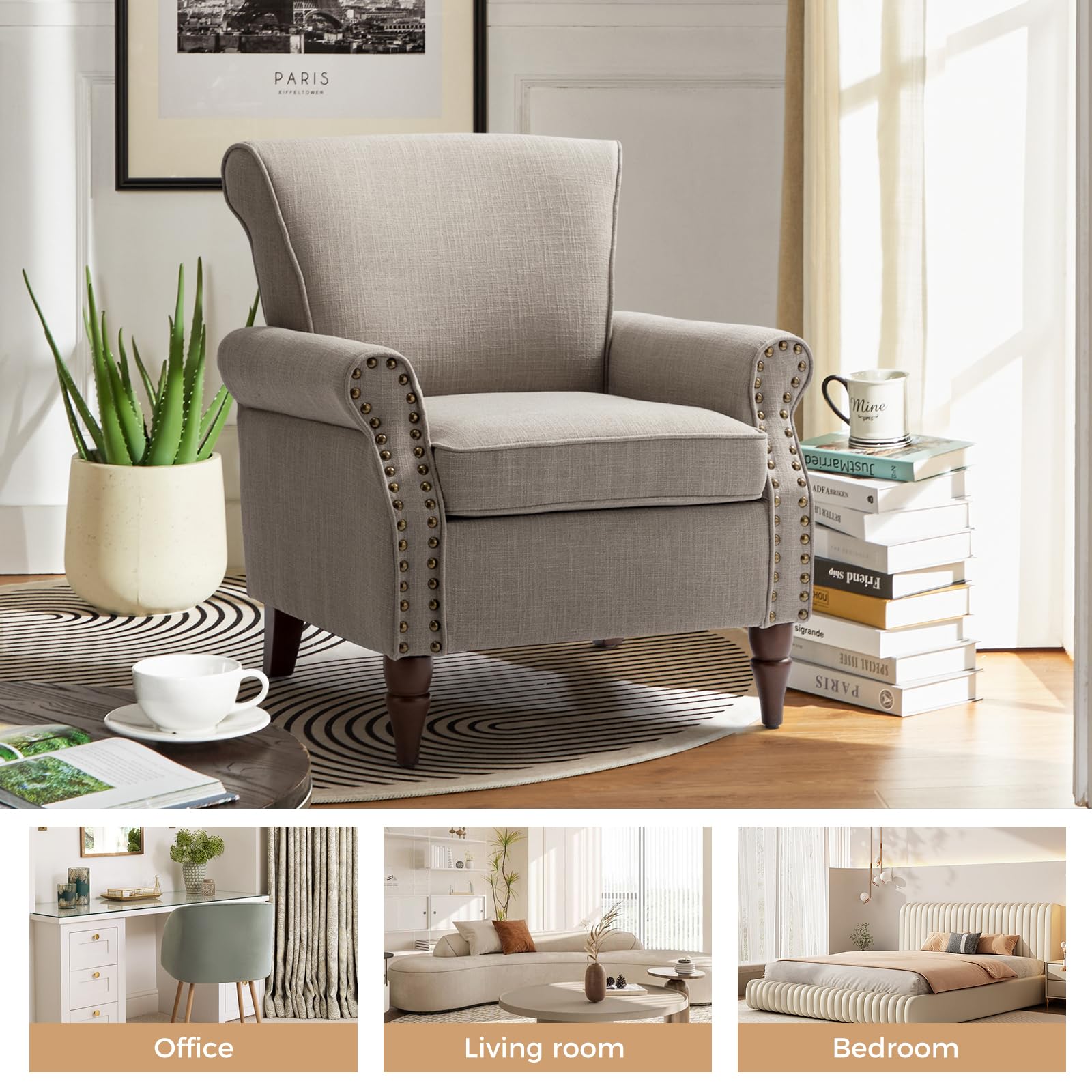 TINA'S HOME Modern Accent Chairs Set of 2 - Wooden Legs & Nailhead Trim Fabric Upholstered Armchairs with Removable Cushions - Living Room, Bedroom, Office Lounge Seating - Grey Club Chairs for Home Decor & Relaxation
