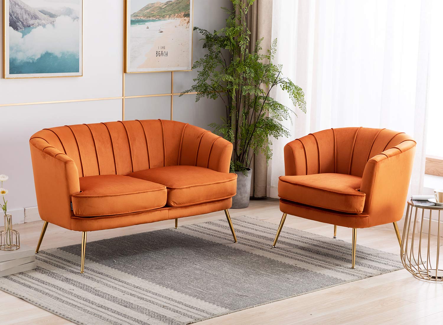 Artechworks Modern Velvet Barrel Chair - Gold Leg Accent Armchair with Channel Tufted Back for Living Room, Bedroom & Home Office - Orange Caramel Club Chair | Perfect for Reading Nooks, Lounge Areas & Cozy Corners