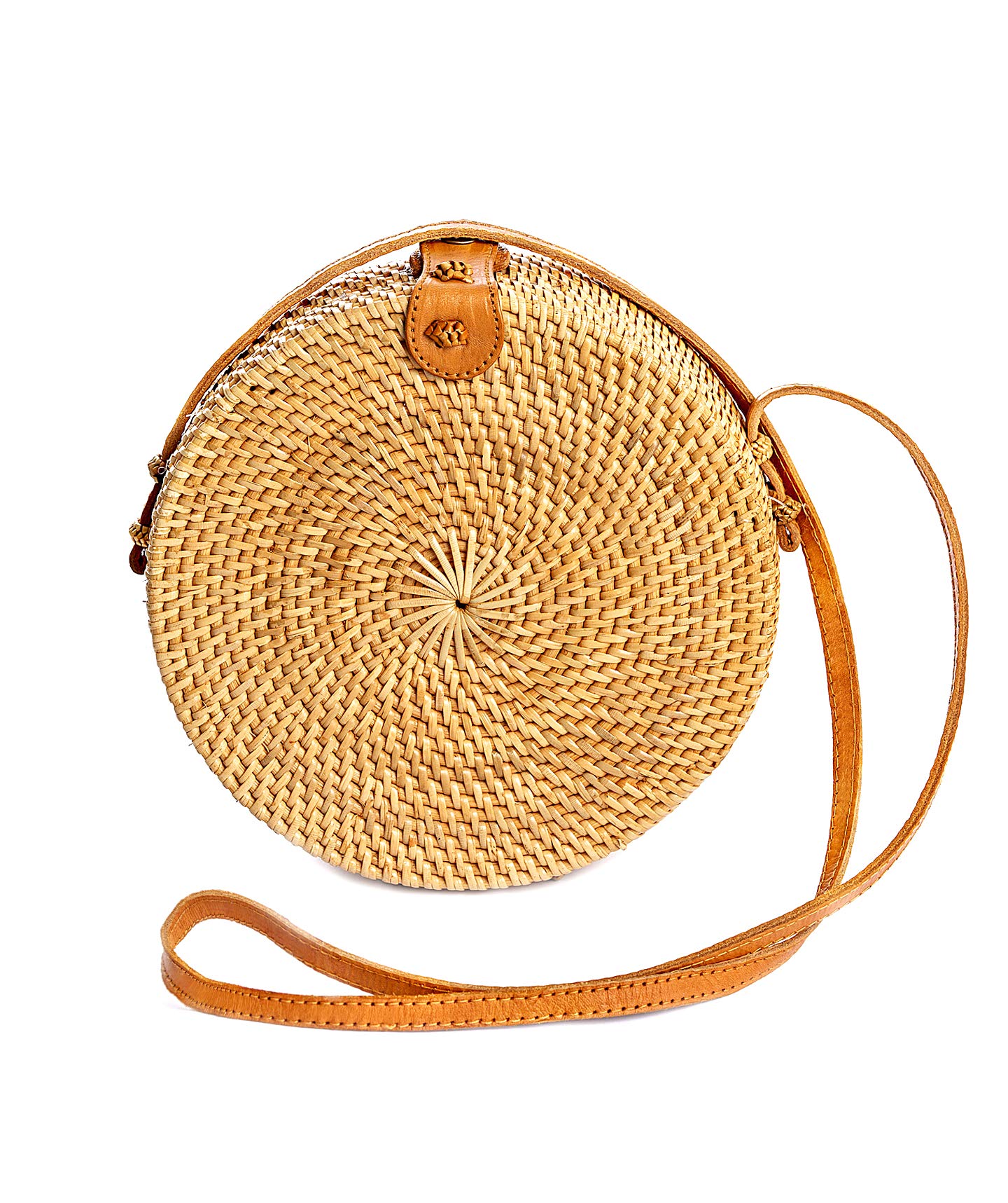 Novum Crafts Round Rattan Handbag for Women - Boho Straw Crossbody Purse - Natural Wicker Circle Bag in Brown & White | Perfect for Beach, Summer Outfits & Boho Fashion Accessories