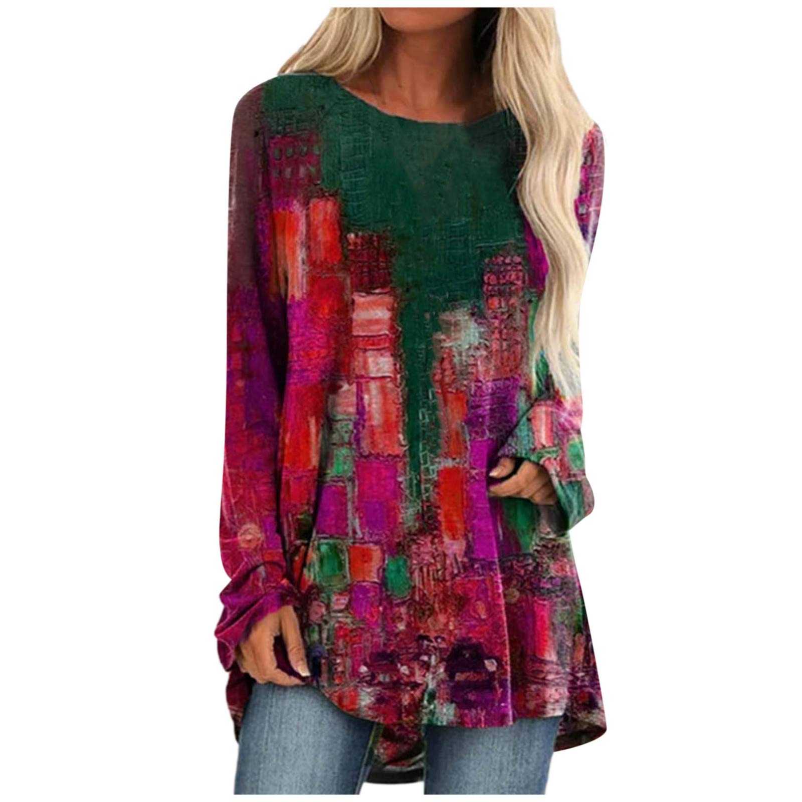 Women's Casual Long Sleeve O-Neck Color Block Print Tops - Retro Fashion Blouse for Everyday Wear, Office & Date Night Outfits