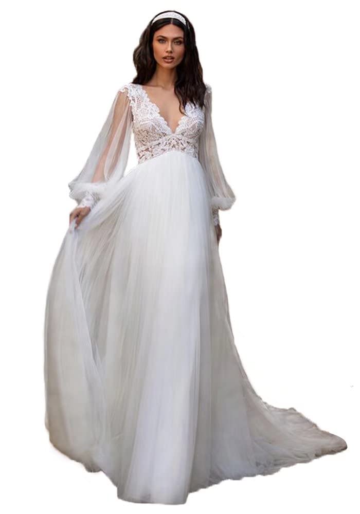 Elegant Long Sleeve Boat Neck Wedding Dress with Button Back - Crepe Satin Bridal Gown for Bride | Perfect for Church, Beach & Formal Wedding Ceremonies