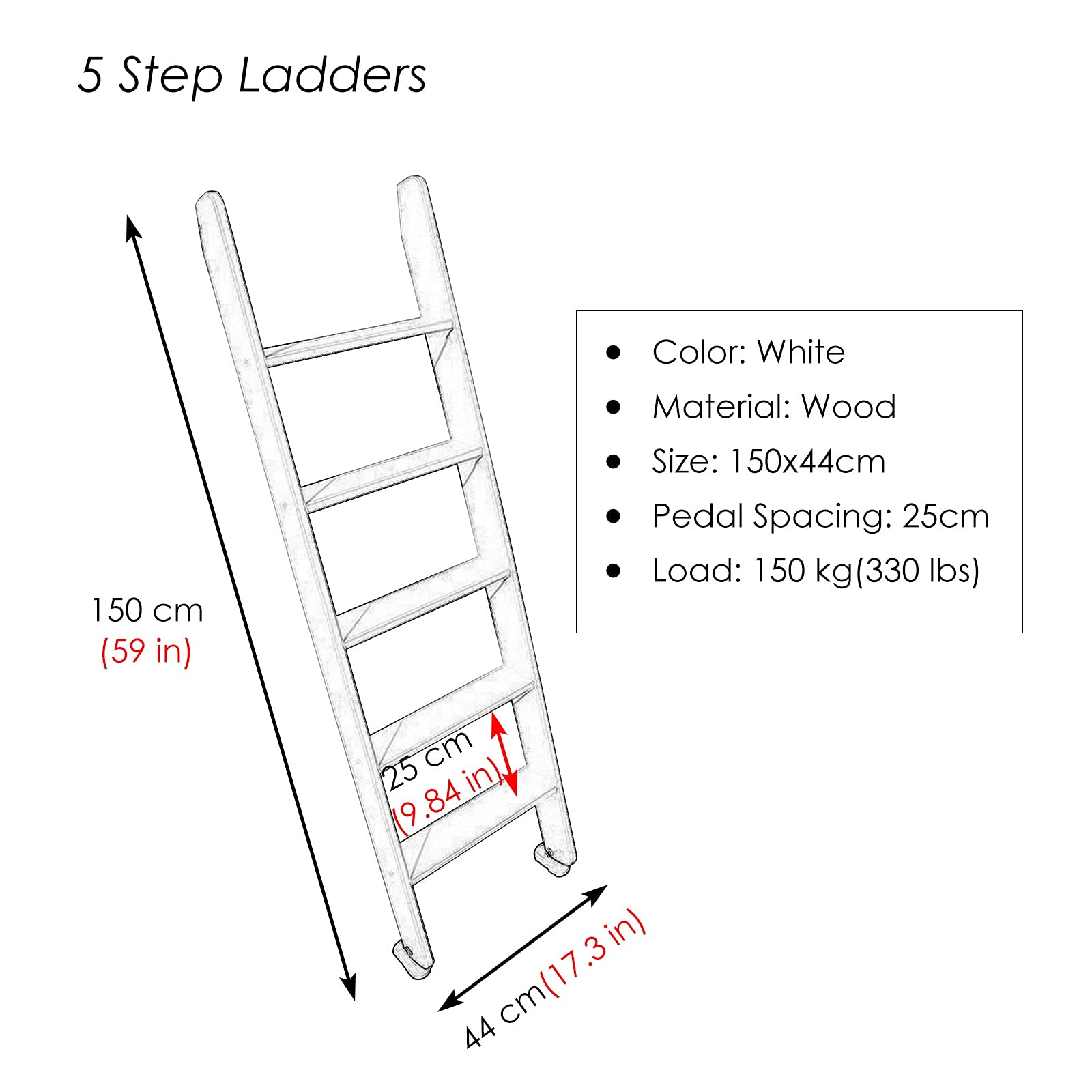 White High-Rise Wooden Bed Ladder with Hooks - 330lb Capacity Twin/Single Bunk Step Ladder for Campers, Small Spaces & Loft Beds - Perfect for Kids Rooms, Dormitories & Tiny Homes
