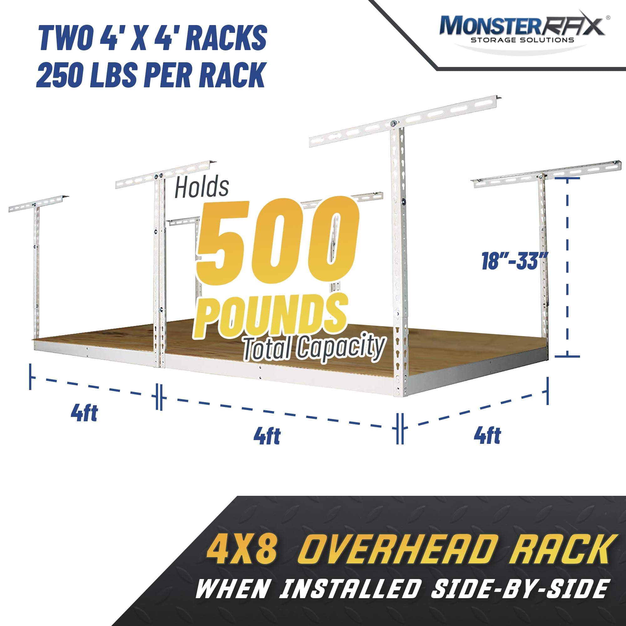 MonsterRax Overhead Storage Rack Kit - Heavy Duty Hanging Shelves for Garage, Attic & Basement Organization - White, 18