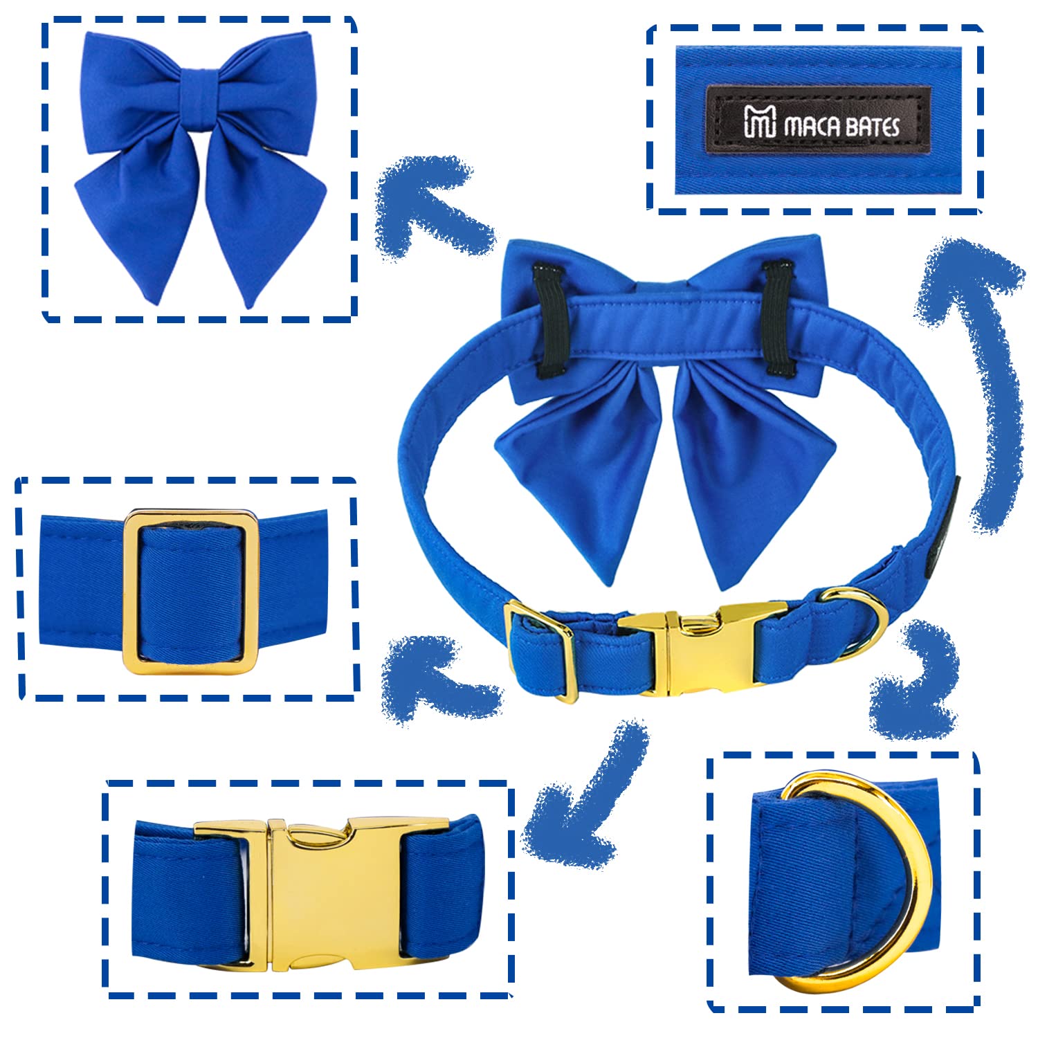 Adjustable Breakaway Dog Collar with Bow Tie - Maca Bates Solid Color Blue Collar with Golden Metal Buckle for Small Medium Large XL Dogs | Perfect for Birthday Gifts, Pet Fashion & Special Occasions