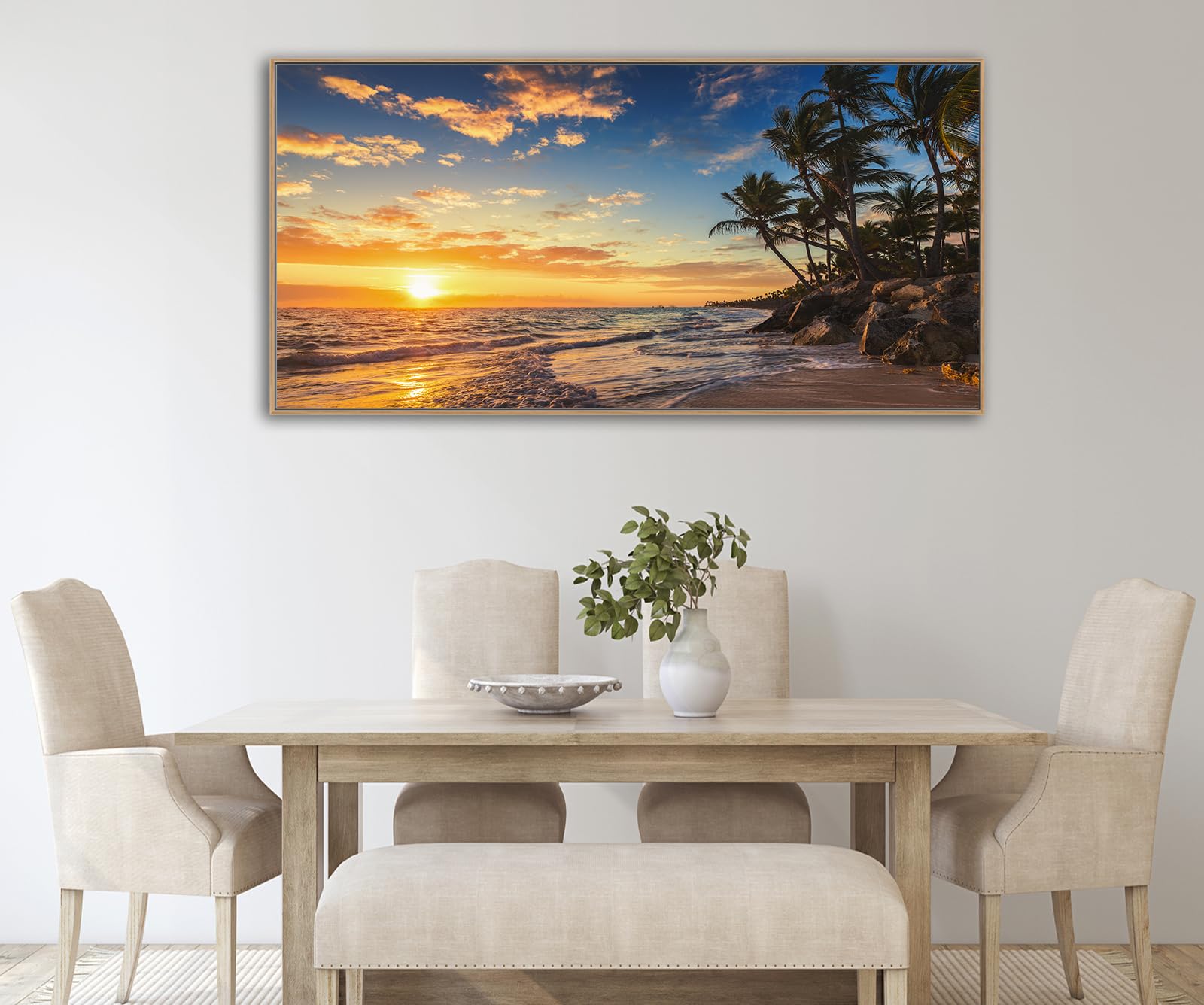 Tropical Sunset Beach Wall Art - Framed Coastal Ocean Waves Painting with Coconut Trees | 29x58 Inch Canvas Print for Home & Office Decor | Perfect for Living Room, Bedroom or Beach House
