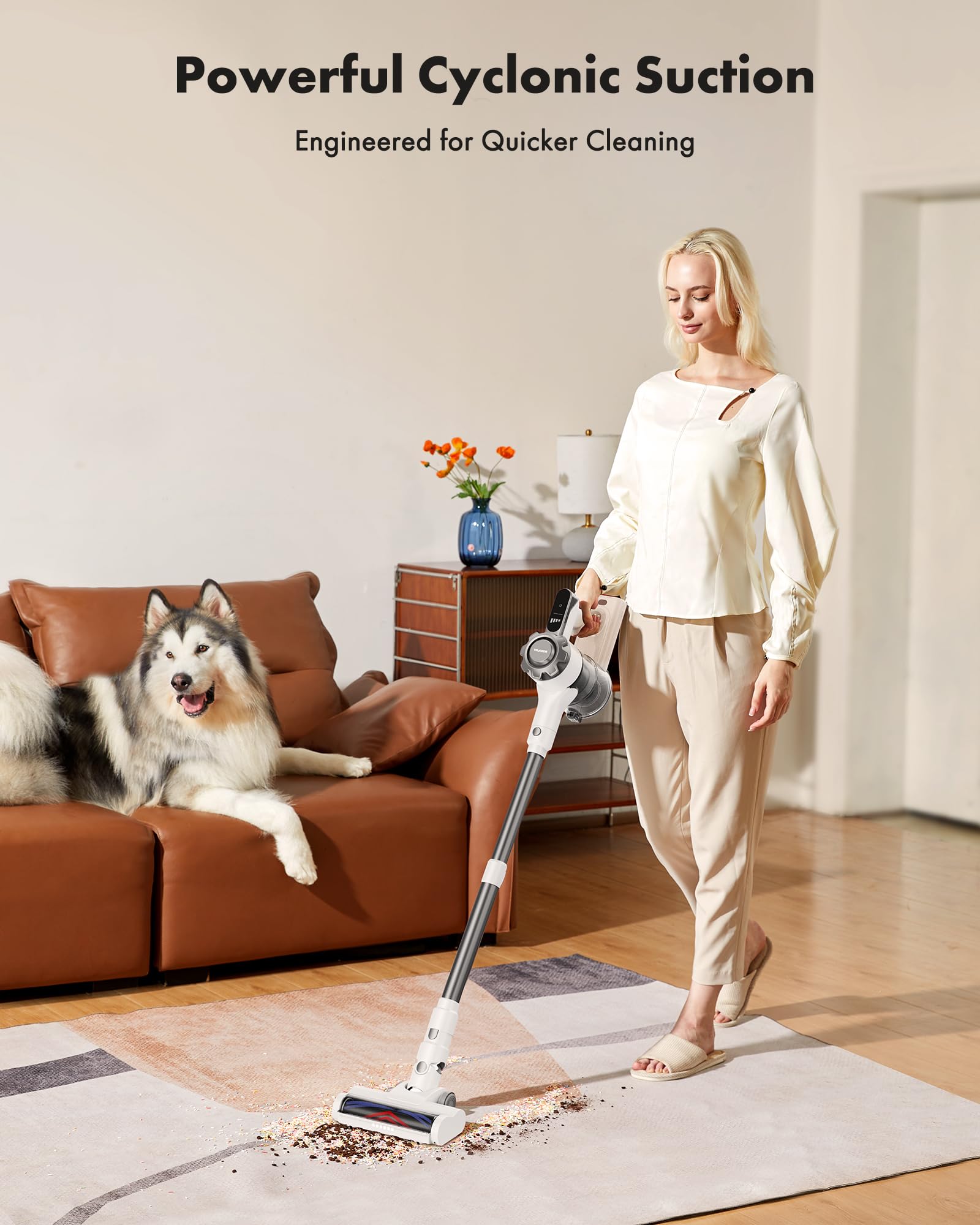 8-in-1 Cordless Vacuum Cleaner with 45min Runtime | Powerful Suction Rechargeable Stick Vacuum for Carpet, Tile & Hardwood Floors | Lightweight Pet Hair Vacuum for Home, Office & Car Cleaning (White)