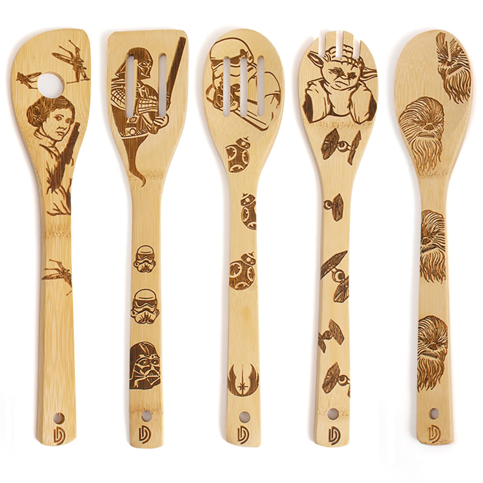 5-Piece Star Wars Themed Burned Wooden Spoons Set - Handcrafted Organic Cooking Utensils, Non-Stick Spatulas & Turners - Perfect for Kitchen, Housewarming & Wedding Gifts - Ideal for Cooking, Baking, and Star Wars Themed Kitchen Decor