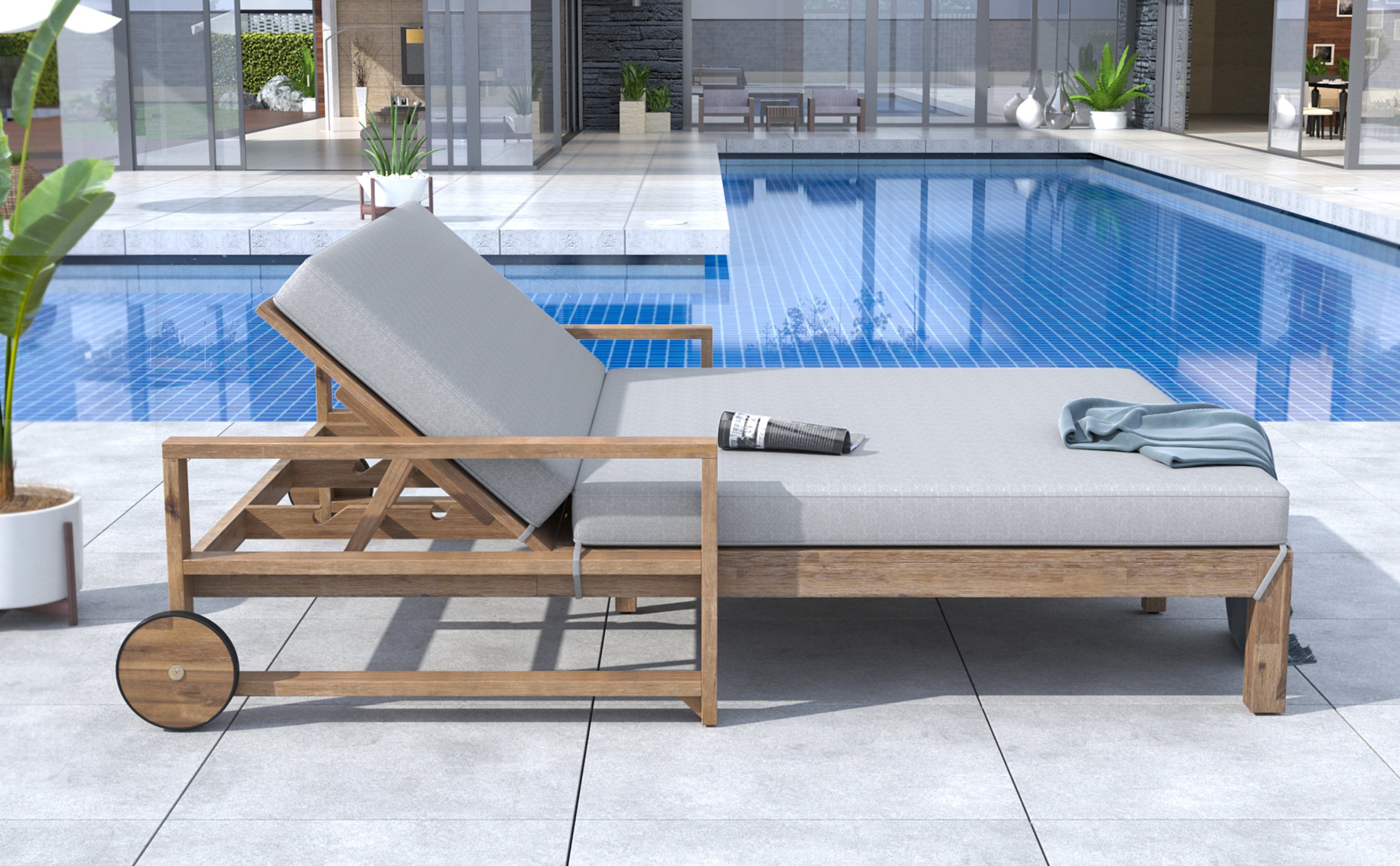 Farmhouse Style Wooden Outdoor Sunbed - 2 Person Daybed for Poolside, Garden & Backyard - Weather-Resistant Grey Wood Lounge Chair - Perfect for Relaxing, Sunbathing & Outdoor Lounging