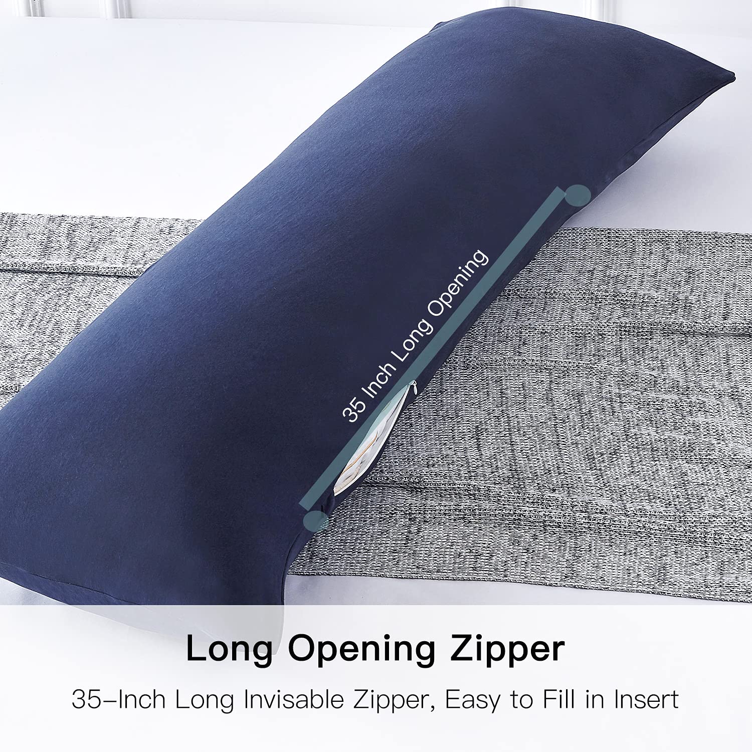 Premium Navy Blue Body Pillow Cover with Zipper - 20x48 Inch Hypoallergenic Cotton Jersey Pillowcase - Soft Long Hugging Pillow Cover for Adults - Perfect for Pregnancy Support, Back Pain Relief & Comfortable Sleeping