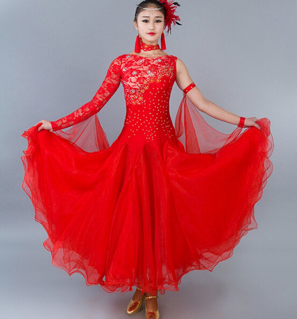 Elegant Red 2XL Women's Ballroom Dance Dress for Waltz, Tango & Smooth - Professional Standard Competition Dress for Latin & Social Dancing