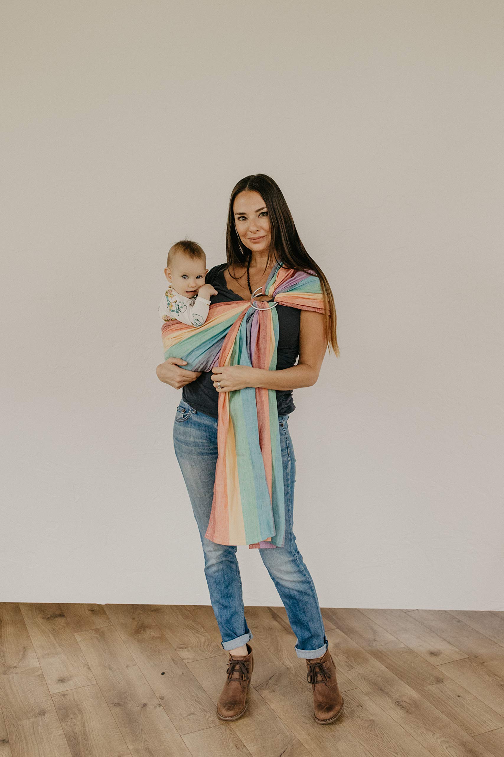 Soft Bamboo Linen Baby Wrap Carrier - Adjustable Ring Sling for Newborns to Toddlers, Machine Washable & Natural Plant Dyes | Perfect Baby Shower Gift, Ergonomic Support for Hands-Free Parenting (Rainbow Design)
