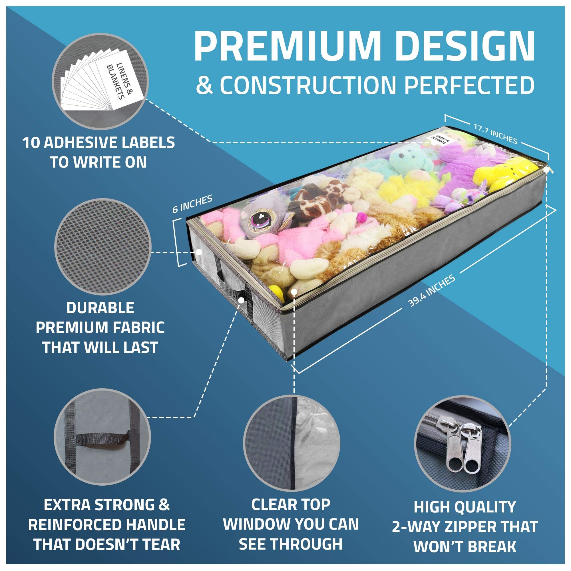 Foldable Under-Bed Storage Bags with Reinforced Handles & Metal Zipper - 2 Large Underbed Organizer Bins by Nest Neatly (Gray) - Perfect for Seasonal Clothing, Blankets, Shoes & Home Organization