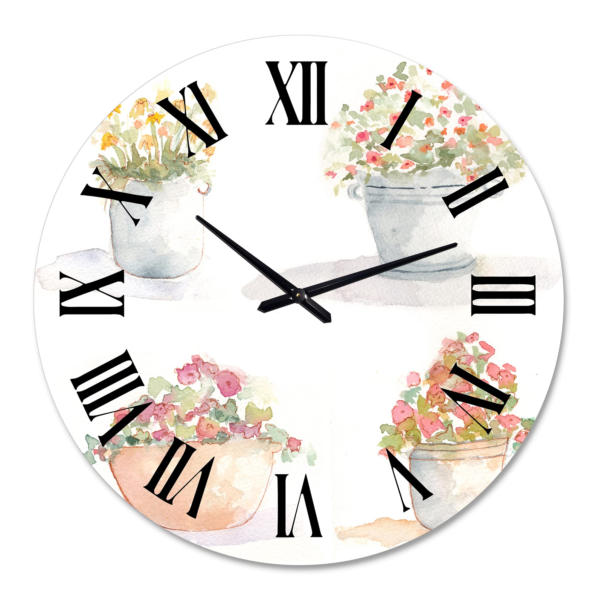 DesignQ Traditional Large Wall Clock with Floral & Botanical Design - Four Outdoor Flower Pots Decor for Living Room, Bedroom, Office | Perfect Home & Office Décor