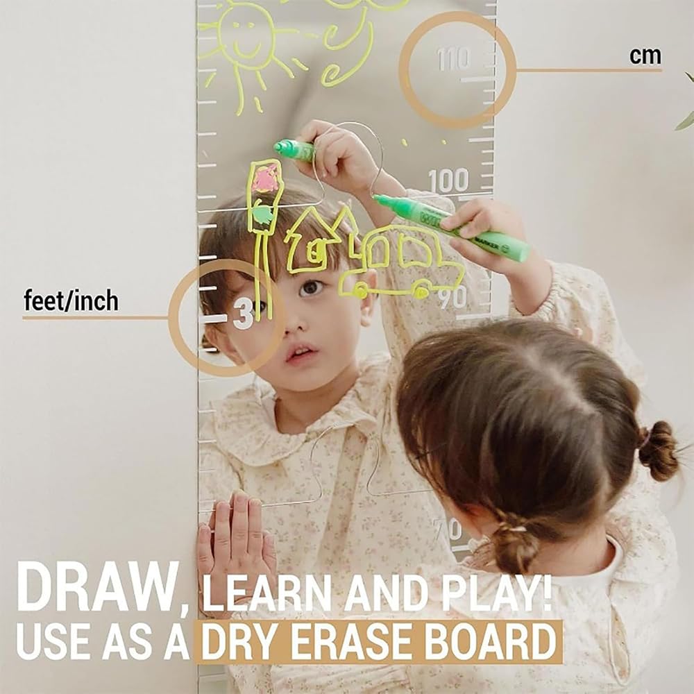 Foldable Acrylic Growth Chart Mirror for Kids - Wall Mounted Height Measurement Tool for Nursery, Bedroom & Playroom - Perfect for Tracking Children's Growth & Room Decor