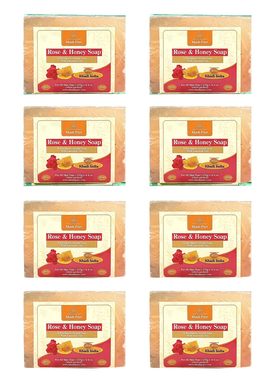 Khadi Pure Herbal Rose & Honey Soap - 125g (Pack of 8) | Natural Moisturizing & Glowing Skin | Perfect for Dry Skin, Face & Body Care, Gift Sets