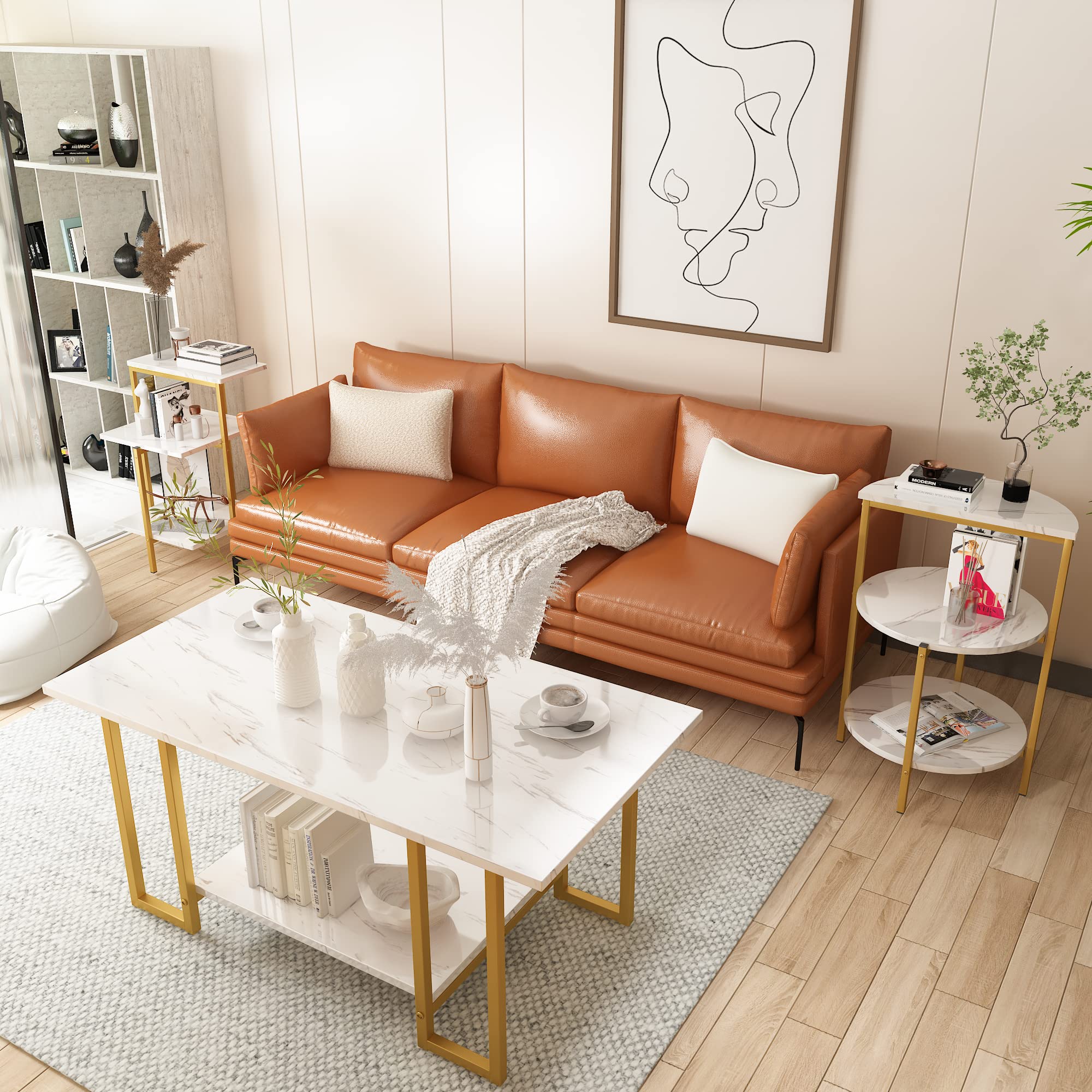 Premium Faux Marble Coffee Table Set with 2 End Tables - Modern 3-Piece Living Room Furniture with Storage Shelves & Sturdy Metal Frame, White & Gold Finish | Space-Saving Design for Apartments & Small Spaces | Perfect for Entertaining, Relaxing & Home Decor