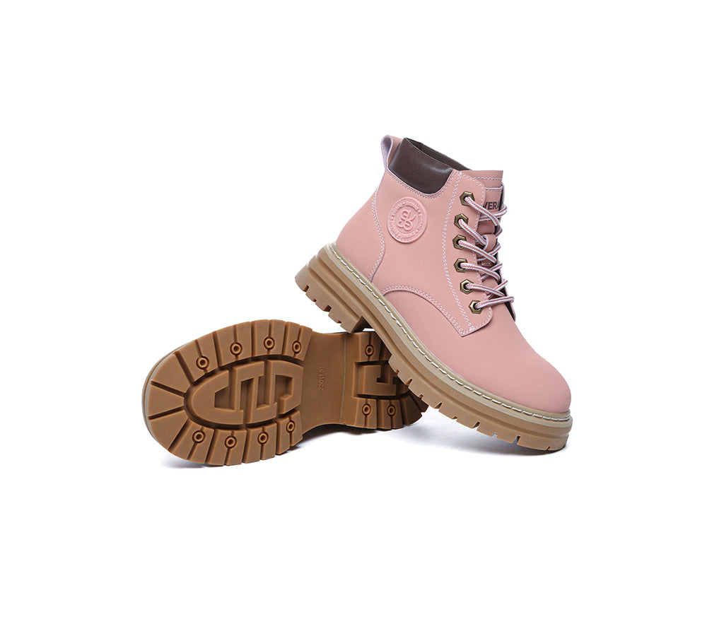 EVERAU® Women's Chunky Lace-Up Leather Boots - Stephanie Style | Fashionable Winter & Fall Footwear for Casual Outfits, Streetwear, and Outdoor Adventures